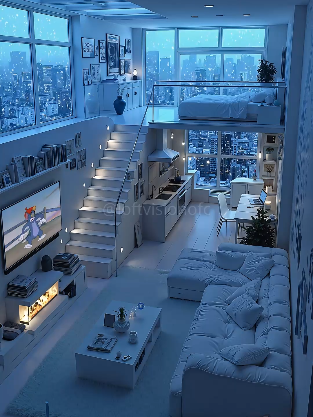 ❄️ Blue Winter Loft: Snowy Views, Modern Minimal & Cozy City Life #fy #fyp #winterloft #snowyviews #citylights #modernminimal #viralhomes