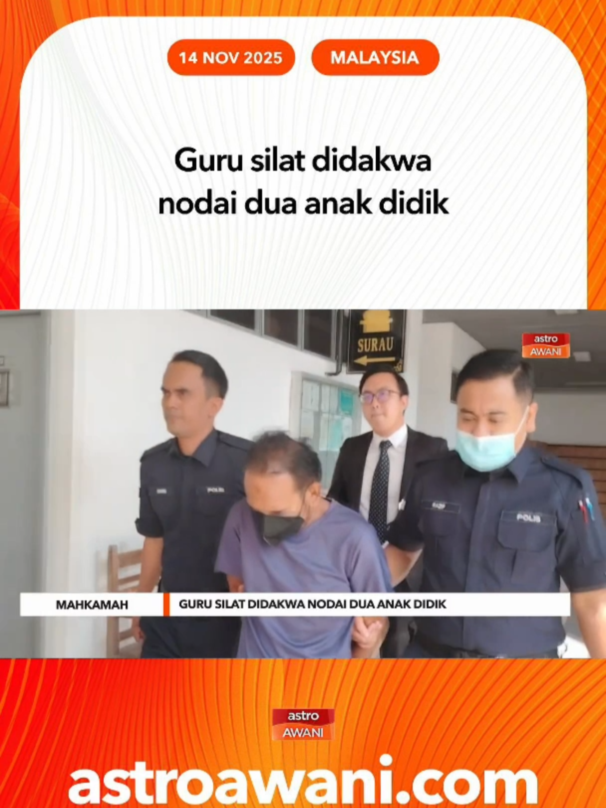 Seorang guru silat dihadapkan ke Mahkamah Sesyen Ayer Keroh ats pertuduhan melakukan amang seksual fizikal dan persetubuhan luar tabii terhadap dua remaja perempuan yang juga anak didiknya pada September dan Oktober lalu. #AWANInews