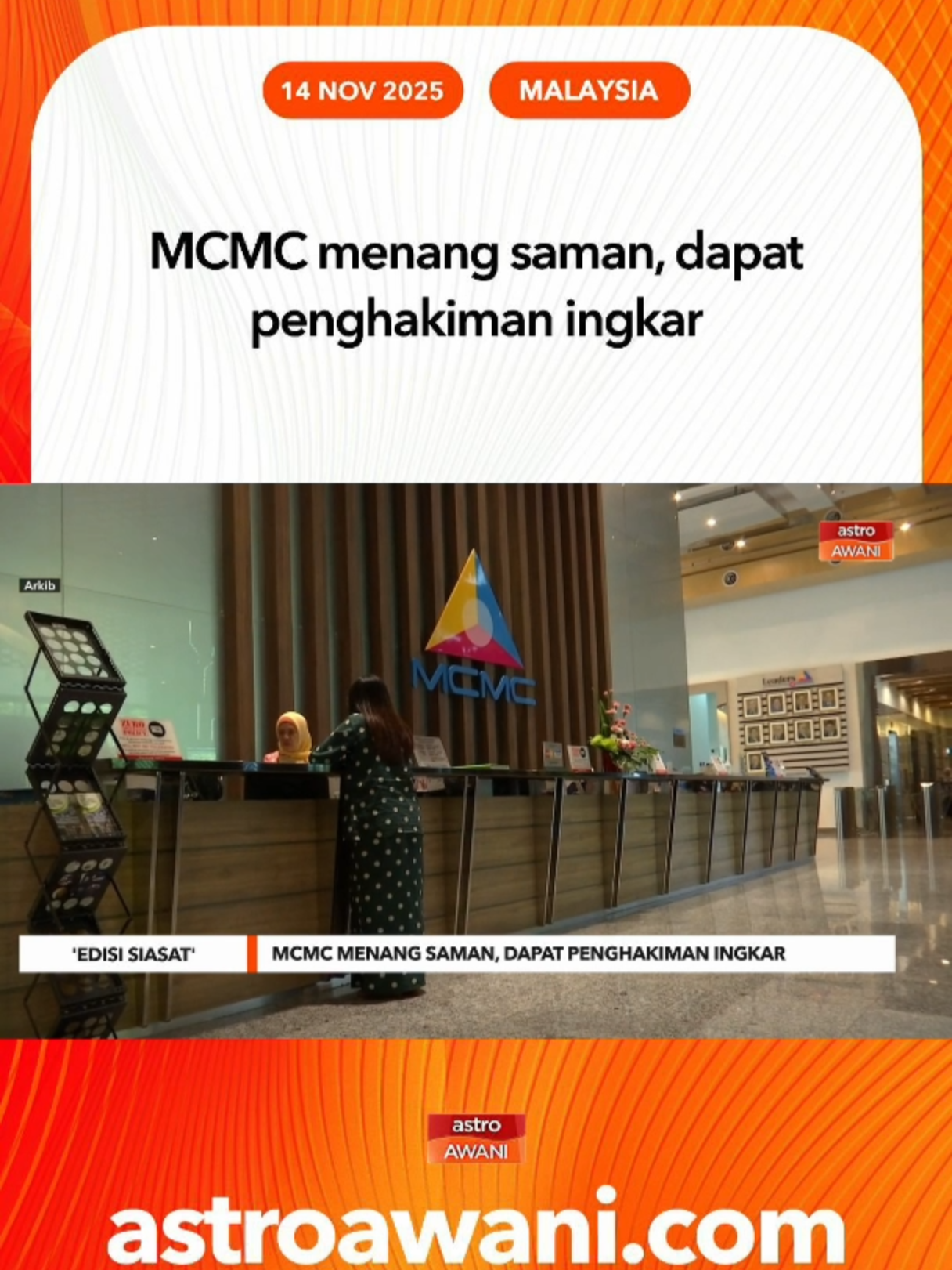 Suruhanjaya Komunikasi dan Multimedia Malaysia (MCMC) berjaya dalam kes samannya terhadap dua pentadbir saluran Telegram ‘Edisi Siasat’, Edisi Khas berhubung menyebarkan atau menerbitkan 33 artikel yang memudaratkan. #AWANInews