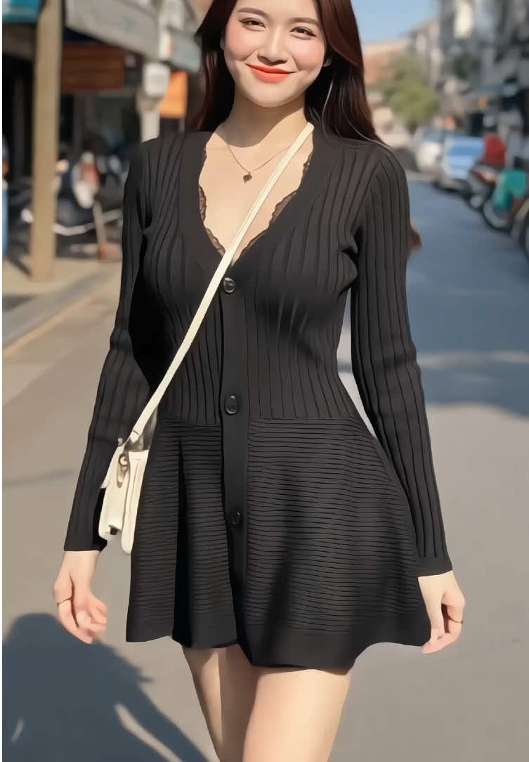 Đầm váy nữ tay dài gài nút chân váy xòe nhẹ, chất len dày dặn #damdaitay #damlenxinh #vayxinh #vaylendaitay #xuhuong 