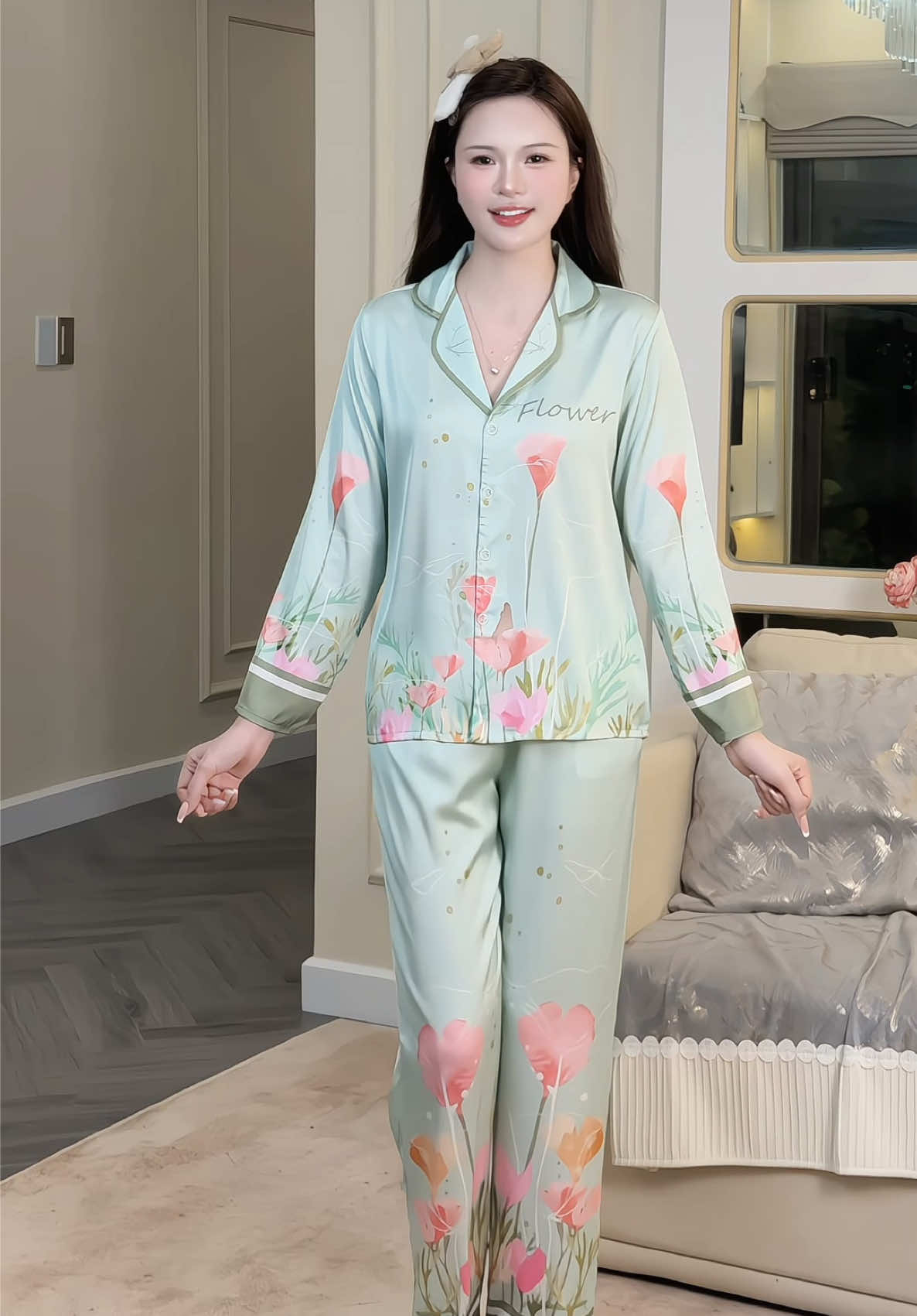 Bộ lụa dài tay chân ái #champhanreview #pijama 