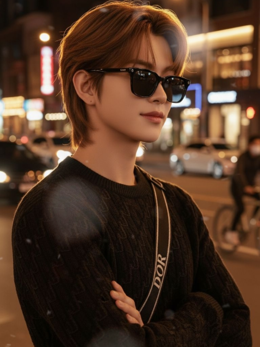 กลางคืนตื่นชอบสวมแว่นกันแดดทรงเหลี่ยม/แคบสีดำ ดูดีมีสไตล์ #Gemini #prompt #แจกpromptฟรี #videoviral #มุมถ่ายรูป  Prompt: Create Image The face is 100% real.  Ultra-realistic cinematic night portrait using 100% exact facial features from the provided reference image (no changes to face structure, skin tone or expression). Subject: handsome young man, eyes closed, soft smile, arms crossed, body slightly turned right. Hair: medium-length warm brown, naturally wind-blown with delicate flyaway strands, rim-lit by a warm street lamp. Clothing: black knit sweater with repeating Chanel pattern visible, DIOR crossbody strap across chest with legible 