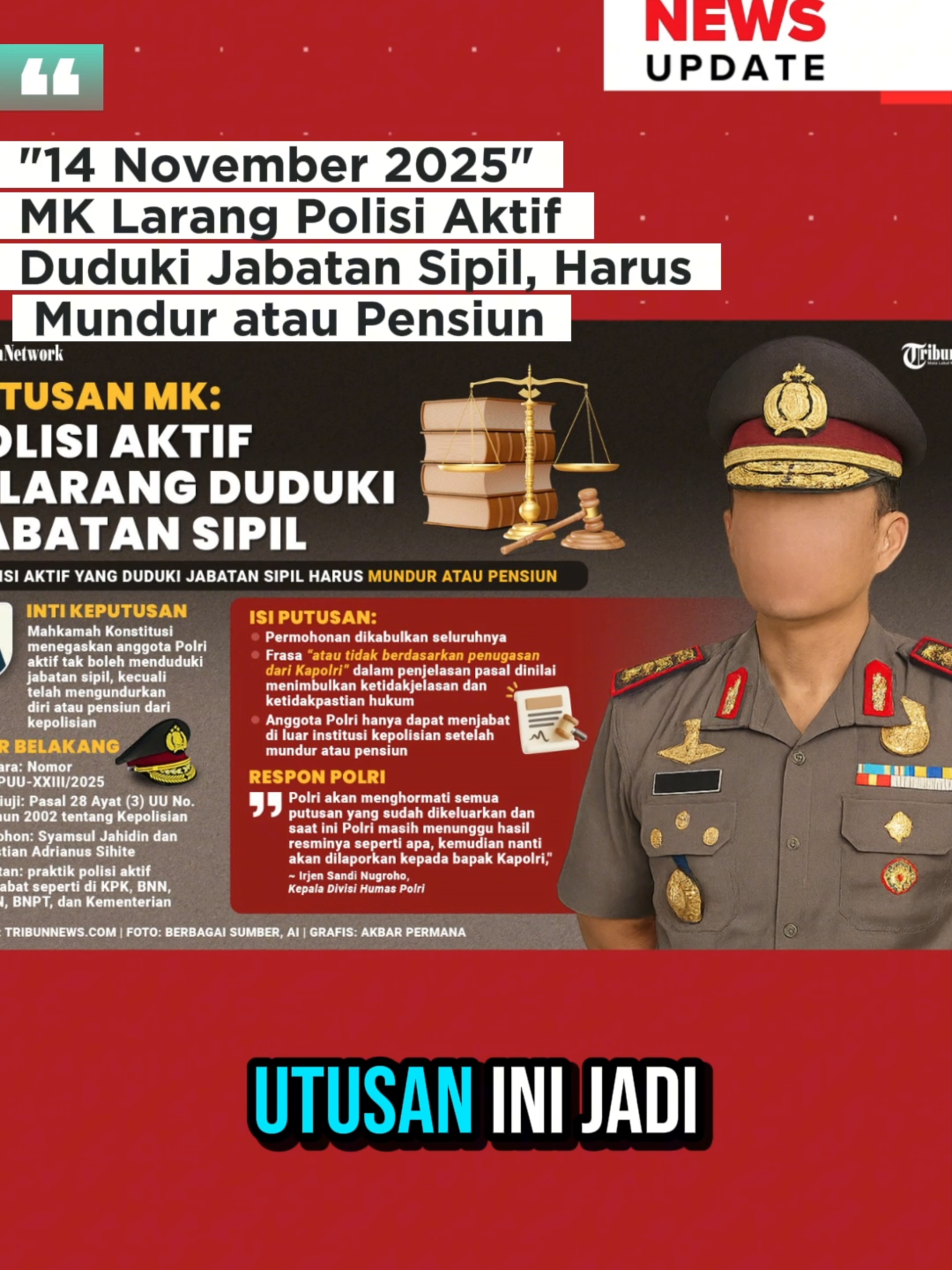 MK Larang Polisi Aktif Duduki Jabatan Sipil, Harus Mundur atau Pensiun. Mahkamah Konstitusi resmi melarang polisi aktif menduduki jabatan sipil tanpa mundur atau pensiun terlebih dahulu. Putusan ini muncul setelah gugatan yang menyoroti banyaknya jabatan publik strategis yang ditempati polisi aktif tanpa proses transisi, menimbulkan ketidakpastian hukum serta mengancam profesionalisme aparatur sipil negara. Keputusan MK ini dianggap sebagai langkah penting untuk menjaga netralitas birokrasi dan kualitas demokrasi Indonesia. #MK #MahkamahKonstitusi #Polri #JabatanSipil #NetralitasASN #HukumIndonesia #BreakingNews #BeritaTerkini #Demokrasi #ReformasiBirokrasi #IsuNasional #OpiniPublik
