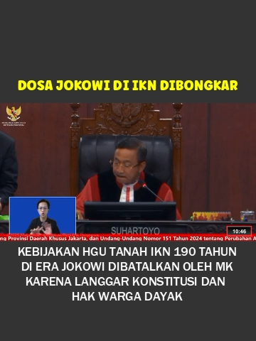 KEBIJAKAN HGU TANAH IKN 19O TAHUN ERA JOKOWI DIBATALKAN MK Mahkamah Konstitusi membatalkan ketentuan dalam Undang-Undang Ibu Kota Negara (IKN) yang mengatur masa Hak Guna Usaha (HGU) di wilayah IKN bisa mencapai hingga 190 tahun. Putusan tersebut tertuang dalam perkara Nomor 185/PUU-XXII/2024 yang menguji Pasal 16A Undang-Undang Nomor 21 Tahun 2023 tentang Perubahan atas UU Nomor 3 Tahun 2022 tentang IKN. Dalam sidang pleno yang berlangsung pada Kamis, 13 November 2025, MK mengabulkan sebagian permohonan. Permohonan uji materi ini diajukan oleh dua warga asli Dayak dari Kecamatan Sepaku, Kalimantan Timur—wilayah yang menjadi lokasi pembangunan IKN Nusantara. Mereka menilai kebijakan pemberian HGU hingga 190 tahun berpotensi merugikan masyarakat lokal yang telah memiliki hak atas tanah secara turun-temurun. “Mengabulkan permohonan para pemohon untuk sebagian,” ujar Ketua MK Suhartoyo dikutip dari tayangan siaran langsung, Kamis, 14 November 2025. Sebelumnya, Pasal 16A UU IKN mengatur bahwa hak atas tanah di wilayah IKN dalam bentuk Hak Guna Usaha (HGU) dapat diberikan untuk jangka waktu paling lama 95 tahun melalui satu siklus pertama, dan dapat diperpanjang untuk siklus kedua selama 95 tahun lagi. Dengan demikian, total masa penguasaan tanah bisa mencapai 190 tahun, selama memenuhi kriteria dan tahapan evaluasi. Namun MK menilai ketentuan tersebut bertentangan dengan UUD 1945, karena memberikan rentang waktu penguasaan tanah yang terlalu panjang dan berpotensi mengurangi kendali negara atas tanah di wilayah IKN. “Peraturan yang bersifat khusus, terlebih di bawah konstitusi, tidak boleh bertentangan dengan prinsip hak menguasai negara, sehingga tidak melemahkan kedaulatan negara,” kata Hakim Konstitusi Guntur Hamzah saat membaca putusan.