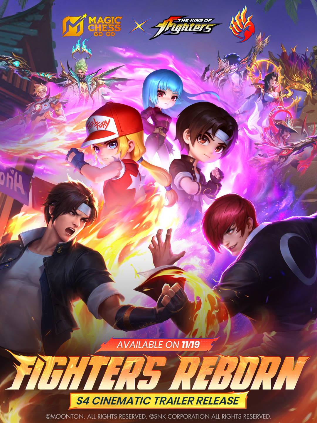 Magic Chess: Go Go (MCGG) is a new Auto Battler game developed by the original MLBB team. MCGG S4 Cinematic Trailer is now live! Rivals or allies? In this arena, it seems to hinge on a single thought. Amid glory's purify, between clashing fists and flames, under the gaze of Great Perils, a new fighting legend is about to unfold! The new Season 4: Fighters Reborn will launch on 11/19! The MCGG × KOF collab event will also make its spectacular debut. #MagicChessGoGo #MCGG #MCGGSeason4 #MCGGS4FighersReborn #MCGG×KOF