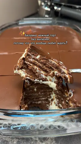 Безумно нежный торт без выпечки Ингредиенты: •🍪 Печенье (обычное или шоколадное) — 300–400 г •🥫 Сгущёнка — 1 банка •🥛 Сметана — 650 г •🍫 Шоколад — 2 плитки, для глазури •🧈 Подсолнечное масло — 150 мл, для растопленного шоколада ⸻ Приготовление: 1.Смешайте сгущёнку и сметану до однородного крема. 2.Выложите слой печенья на блюдо. 3.Нанесите слой крема. 4.Чередуйте слои печенья и крема, пока ингредиенты не закончатся. 5.Отправьте в холодильник на 1 час. ❄️ 6.Приготовьте глазурь: •Растопите шоколад и добавьте немного подсолнечного масла. 7.Полейте торт глазурью сверху и снова уберите в холодильник на 1 час. ❄️ 8.Нарежьте и наслаждайтесь невероятно нежным тортиком! 🎉🍰 #рекомендации #торт #рецепты #тортрецепт #десерт 