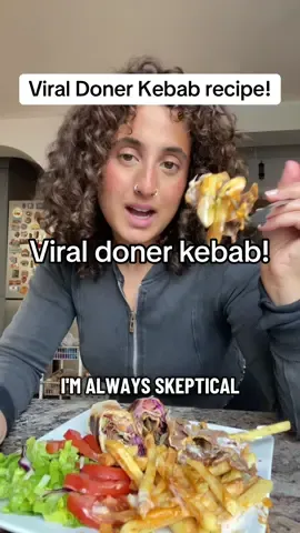 Viral doner kebab recipe! 🔥🥙 Beef doner: 750g beef keema 1 large white onion 1 tsp sea salt or to taste 1 tsp paprika 1 tsp chilli powder  Blend everything in a food processor so it’s smooth then roll in between 2 sheets of grease proof paper. Roll until it’s paper thin without breaking!  Fold 1 inch from the bottom and keep rolling until you reach the top. Air fry for 8 mins at 180. Careful not to overcook as the meat is very thin!  I wrapped mine in Lebanese bread / tortilla with lots of salad, garlic sauce and pickles. #donerrecipe #viraldoner #viralrecipe #donerkebab #viraldonerrecipe  