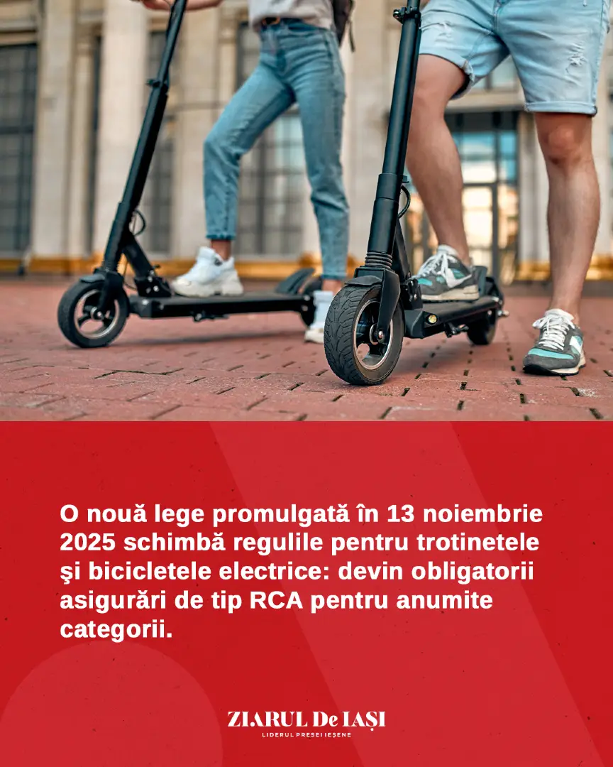 RCA obligatoriu pentru trotinete și biciclete electrice. Unele trotinete și biciclete electrice vor necesita RCA, după adoptarea unei legi care introduce obligativitatea asigurării pentru vehiculele ce depășesc 25 km/h sau cântăresc peste 25 kg și pot atinge mai mult de 14 km/h. Măsura vine pe fondul creșterii accidentelor și al necesității unui cadru clar de responsabilizare în trafic. Detaliile complete sunt în articolul de pe site, iar linkul îl găsiți în comentarii. #transport #trotinete #rca #lege #romania