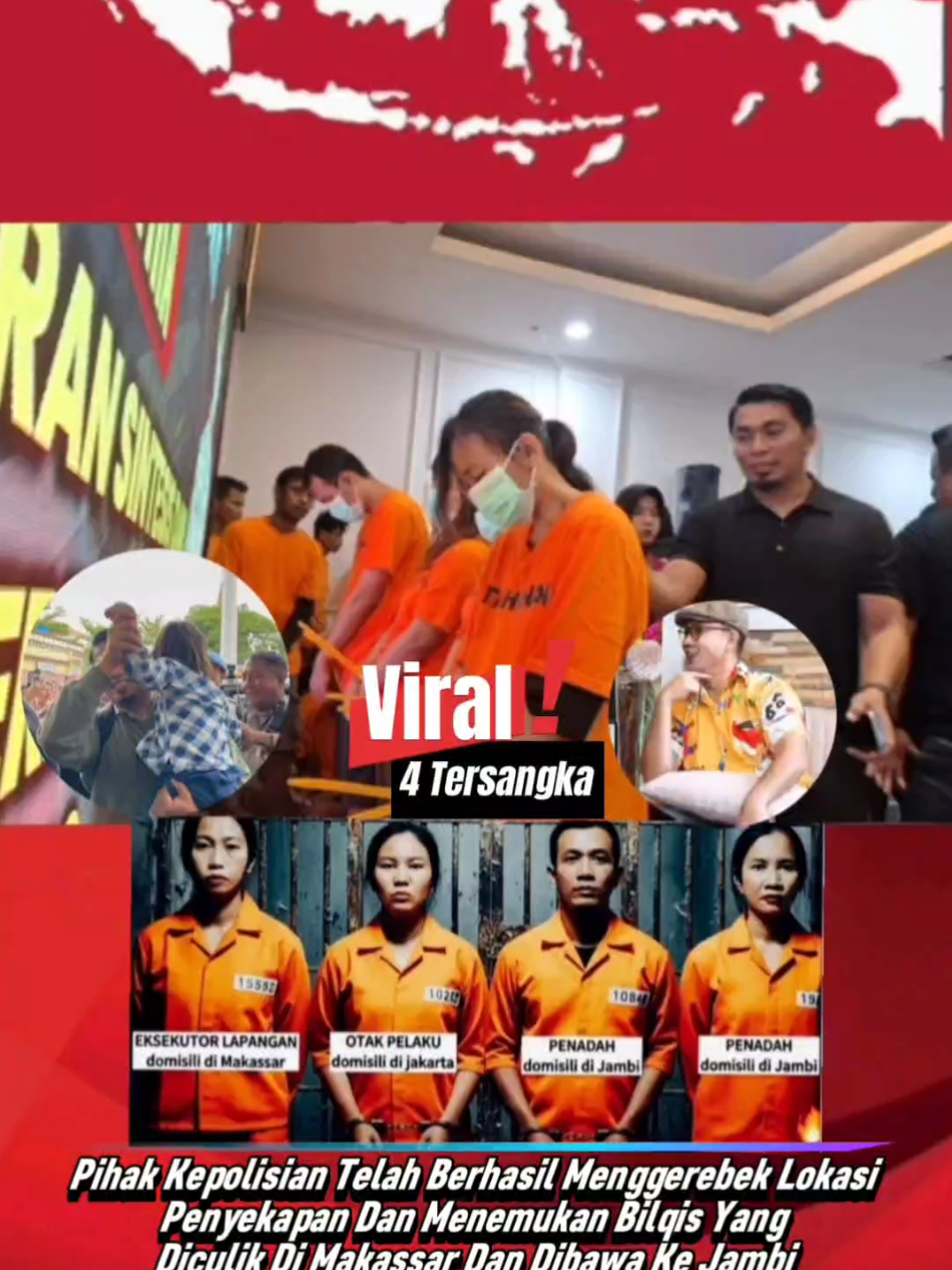 Pihak kepolisian telah berhasil menggerebek lokasi penyekapan dan menemukan Bilqis yang diculik di Makassar dan dibawa ke Jambi. Polisi telah menetapkan empat orang sebagai tersangka dalam kasus ini. #penculikanakjambi #polisi #dennysumargo #fyppppppppppppppppppppppp  Korban: Bilqis (4 tahun), diculik dari area Taman Pakui Sayang, Makassar, Sulawesi Selatan, pada Minggu, 2 November 2025. Lokasi Penemuan: Bilqis ditemukan dengan selamat di kawasan Suku Anak Dalam (SAD) di Desa Gading Jaya, Kecamatan Tabir Selatan, Kabupaten Merangin, Jambi, pada Minggu, 9 November 2025, setelah pencarian selama sepekan. Tersangka: Empat tersangka ditangkap di lokasi berbeda, yaitu Makassar, Sukoharjo (Jawa Tengah), dan Jambi (Merangin). Modus Operandi: Kasus ini diduga terkait jaringan perdagangan orang (TPPO) dengan modus adopsi melalui media sosial. Korban dijual secara berjenjang, mulai dari Rp 3 juta hingga terakhir Rp 80 juta. Peran Tersangka: Seorang perempuan asal Makassar (inisial SY) berperan sebagai penculik utama dan menawarkannya di Facebook. Seorang perempuan asal Sukoharjo (NH) berperan sebagai pembeli awal. Pasangan suami istri asal Merangin, Jambi, (MA dan AF) membeli Bilqis seharga Rp 30 juta dan menjualnya kembali seharga Rp 80 juta kepada pihak lain (yang ternyata adalah warga Suku Anak Dalam yang tidak sadar sedang ditipu).  Pihak kepolisian masih terus mendalami kasus ini karena menduga adanya sindikat yang lebih besar dalam perdagangan anak. 