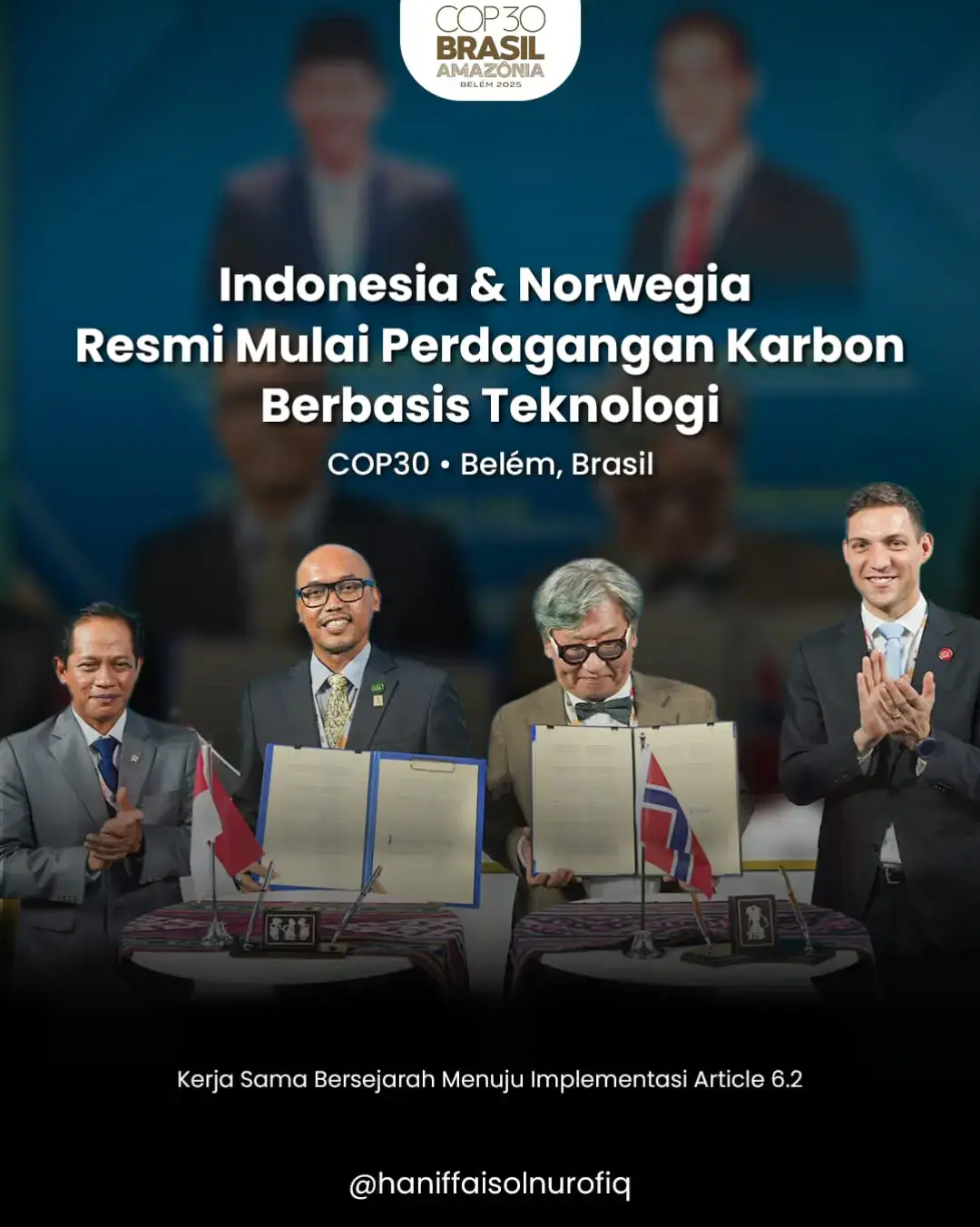 Indonesia & Norwegia Resmi Mulai Perdagangan Karbon Berbasis Teknologi di COP30, Brasil Halaman baru implementasi Article 6.2 dimulai hari ini. Di Belem, Brasil, Indonesia kembali menunjukkan kepemimpinan dalam aksi iklim global. Bersama Pemerintah Norwegia, kami resmi memulai perdagangan karbon berbasis teknologi sebagai bagian dari implementasi Article 6.2 - langkah bersejarah yang memperkuat kredibilitas pasar karbon nasional. Kesepakatan strategis ini diperkuat melalui Framework Agreement antara PLN dan GGGI, dengan potensi: - Penyaluran 12 juta ton CO₂e dari proyek energi terbarukan Nilai ekonomi hingga USD 350 juta Bagian dari program Generation-Based Incentive (GBI) Kerja sama ini menjadi fondasi menuju penandatanganan MOPA akhir Desember 2025, menjadikan Indonesia negara pertama yang menjalankan perdagangan karbon berbasis Article 6.2 dengan integritas tinggi. Norwegia juga menyetujui kontribusi 5% Share of Proceeds untuk adaptasi, dan Indonesia mengusulkan agar pendanaannya dikelola melalui Dana Iklim Nasional. PLN siap mempercepat transisi energi melalui RUPTL 2025-2034 dengan rencana penambahan 69,5 GW pembangkit, di mana 76% bersumber dari energi terbarukan. Langkah ini bukan hanya tentang transaksi karbon - ini tentang masa depan energi Indonesia yang lebih bersih, inklusif, dan berkelanjutan. Hari ini, Indonesia bukan sekadar peserta COP30. Kita pemimpin. Kita penggerak. Kita pembangun pasar karbon berintegritas tinggi. #Indonesia COP30 #Artikel62 #CarbonMarket