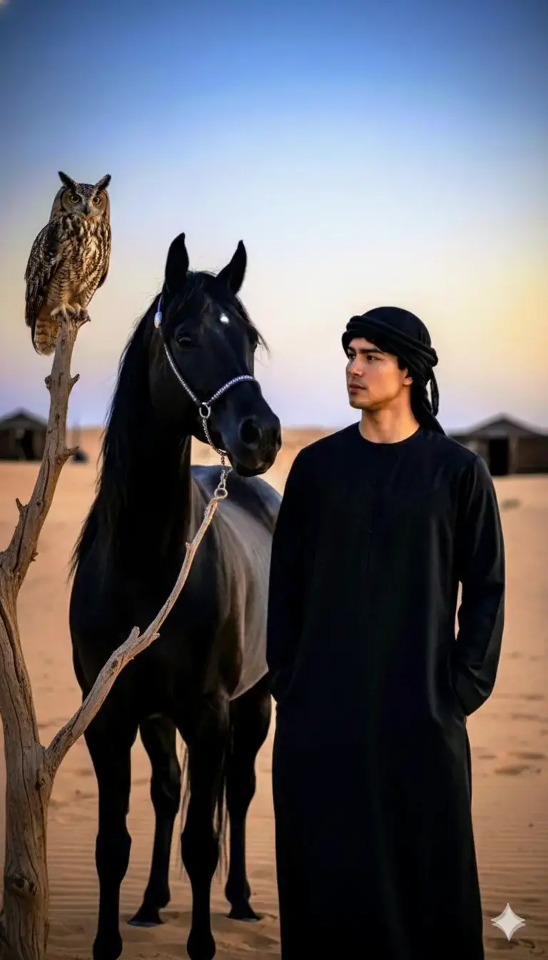 الڪليشة... 👇🏻 صورة لشاب عربي يرتدي ملابس تقليدية سوداء يقف بلقرب من شجرة واقف بلشجرة طير البومة وحصان اسود مربوط بل قصن ينضر لي وانضر له، في الصحراء تركز الصورة على لشاب والبومة والحصان رملية وبعض الخيام أو الهياكل الصحراوية الخفيفة في المسافة الإضاءة طبيعية ودفئة مما يبرز تفاصيل ملامح الحيوانان وملابس الشاب 