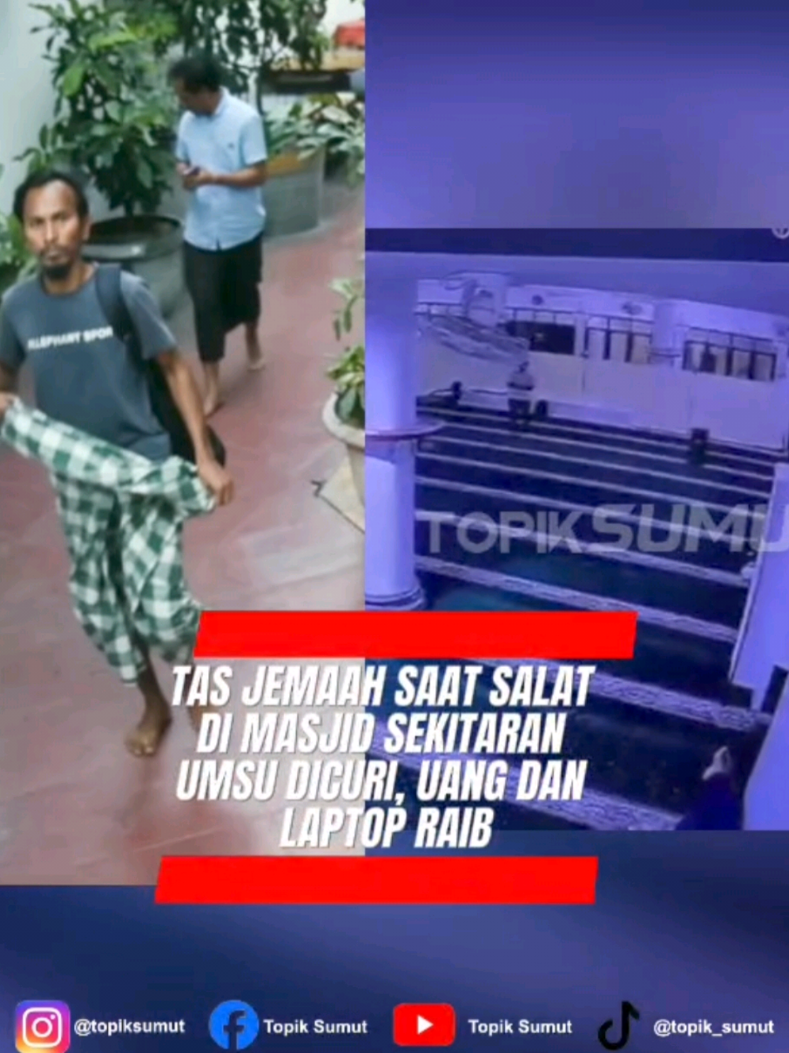 Tas jemaah dibawa kabur atau dicuri saat korban sedang melaksanakan Salat Ashar di Masjid Al-Falaalah yang berada di Kelurahan Glugur Barat, Kecamatan Medan Timur, Kota Medan, Sumatera Utara, sekitaran Kampus UMSU, pada Kamis (13/11/2025) sekitar pukul 16.50 WIB.  Hasilnya sejumlah barang berharga milik korban berupa laptop, hp, dan uang di dalam dompet Rp 1,3 juta, sim, stnk mobil, kartu atm, dan KTP pun raib. Korban pun sudah membuat laporan ke @polrestabes.medan  #topiksumut #viral #pencurian #maling #masjid 