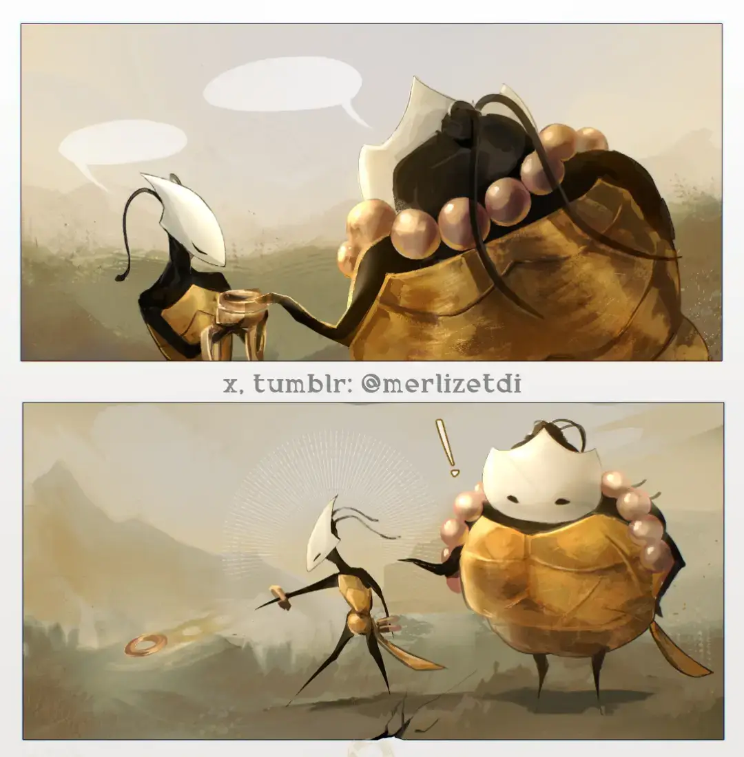 I don't know why it's being cropped, so I had to separate the frames. You can see art in better quality on social networks. x/tumblr: @merlizetdi Character on page 1 is just a random member of the tribe. I think Elder Hu lived in a different era. Shakra calls her master the fiercest of the tribe. This tribesman is weaker, so he will not engage in combat or seek revenge I love their interactions, they are so sweet Shakra should be taught fighting, singing, she would be cared for and respected ________________ Shakra is a warrior and navigator from a tribe on Pharloom's edge.Shakra's tribe values prowess in combat and refer to one another by the weapon thev carry. #silksong #shakra #hollowknight #hollowknightsilksong #hollowknighthornet 