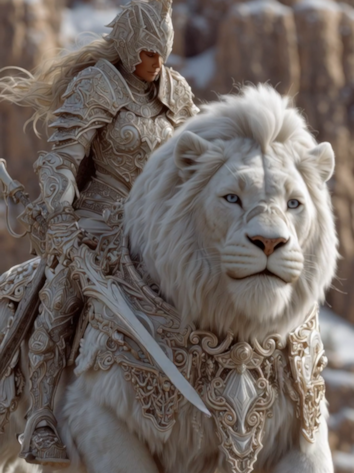 ⚔️⚔️🦁 Der Ruf der Tapferkeit 🦁⚔️⚔️ Ein einsamer Krieger, getragen vom Mut der Alten, reitet an der Seite eines weißen Löwen ins Ungewisse. Keine Armee, kein Schatten und keine Macht der Welt kann jene aufhalten, die für mehr kämpfen als für sich selbst. Man sagt, wahre Helden werden nicht geboren – sie erheben sich, wenn die Welt sie braucht. ✨⚔️🦁 @lladywolf thank you for making this epic Soundtrack!! #lion #warrior #fantasy #aiart #fyp 