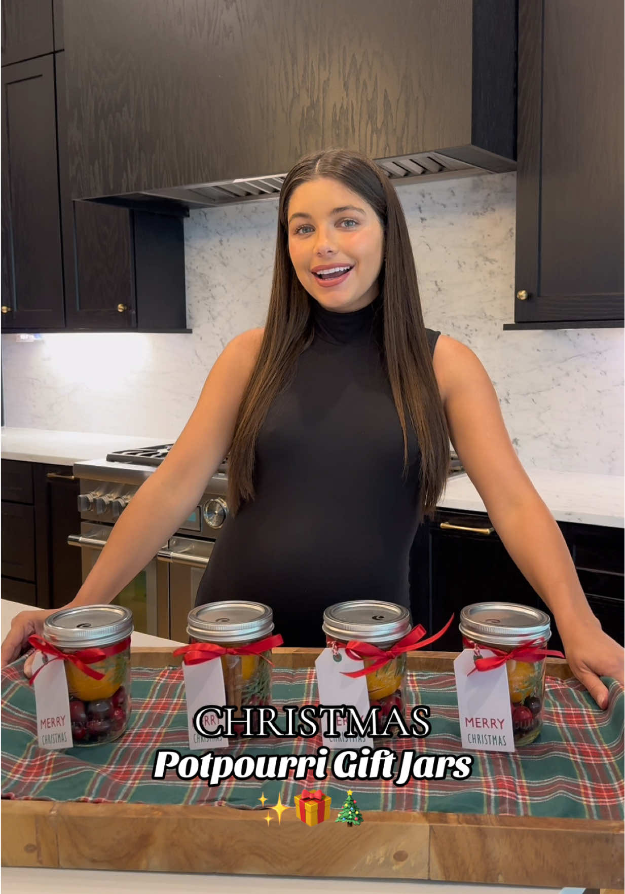 So easy to make for friends, teachers, and family as a gift this holiday season!!! 🥰 DIY Christmas Potpourri Gift Jars 🎄 Instructions: 	1.	Fill a mason jar with 1 cup cranberries. 	2.	Add 1 cinnamon stick (or 1 tsp ground cinnamon) + 1 tsp cloves. 	3.	Place 1 mandarin orange and a small piece of greenery inside (rosemary or Christmas tree!)! 	4.	Seal, then tie on a tag with stovetop directions: “Slice orange, add ingredients to a pot with water, and simmer—add water as needed.”