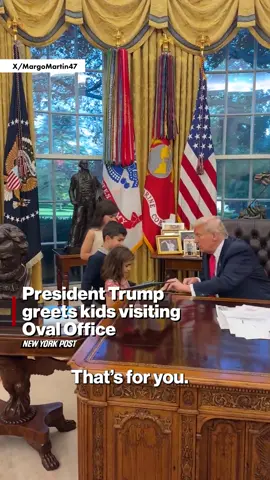 President Trump paused a busy Oval Office day to greet visiting children, handing out small gifts and saying, “My name is Donald,” in a sweet moment captured on video.