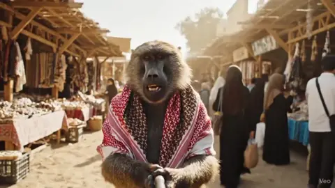 قرد بابون يمشي داخل سوق ترابي وسط النهار، لابس وشاح جميل بألوان أحمر وبني وأبيض على كتفيه ويديه، وماسك عصا سيلفي وكأنه مؤثر سوداني يعمل فلوق. الجو مشمس والدنيا زحمة خفيفة في الخلفية، والبابون يتكلم بخفة دم مع متابعينه ويقول: 