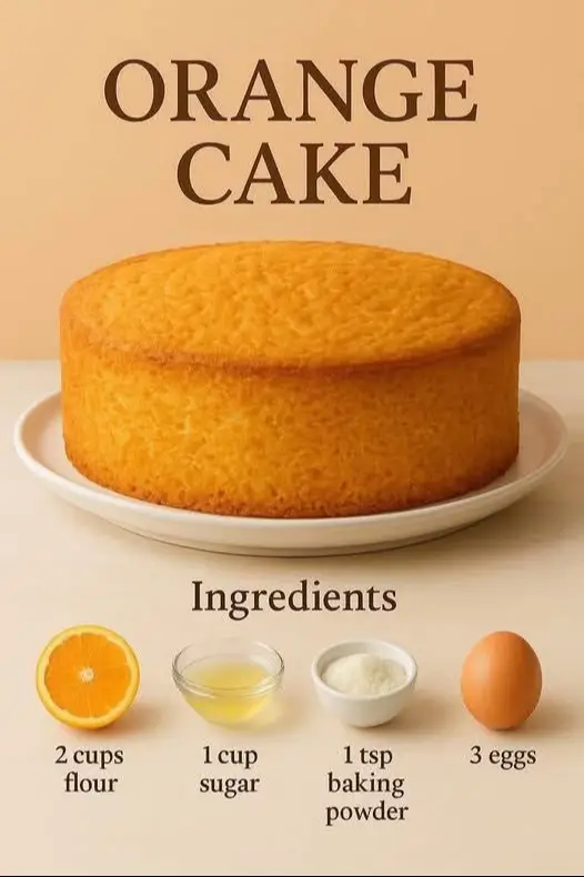 Fluffy Orange Cake Guaranteed Recipe) Ingredients   • 2 cups all-purpose flour  • 1 cup granulated sugar  • 1 tbsp orange zest (from fresh orange)  • 3 large eggs  • 1 cup fresh orange juice  • ½ cup vegetable oil (sunflower or canola)  • 1 tbsp baking powder  • 1 tsp vanilla extract  • A pinch of salt Instructions:  1. Preheat your oven to 180°C (350°F). Grease and flour an 8-inch round cake pan.  2. In a large bowl, whisk together eggs and sugar until light and fluffy.  3. Add orange juice, oil, vanilla, and orange zest. Mix well.  4. In another bowl, combine flour, baking powder, and salt.  5. Gradually add the dry mixture to the wet ingredients, mixing gently until smooth.  6. Pour the batter into the prepared pan and tap it lightly to remove air bubbles.  7. Bake for 35–40 minutes, or until a toothpick inserted in the center comes out clean.  8. Let the cake cool completely before slicing.