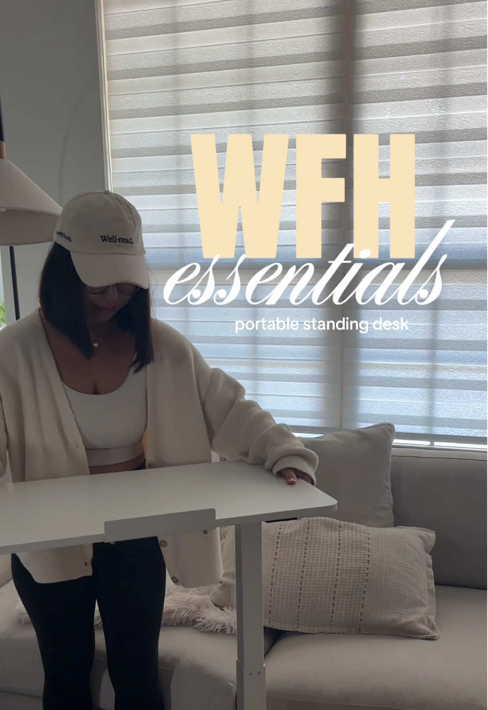 Work from home essential: a portable standing desk! I can roll it anywhere, switch from sitting to standing 🤍 staying productive & comfortable is very important! @FlexiSpot #wfh #wfhsetup #standingdesk #mobiledesk #cozyaesthetic 