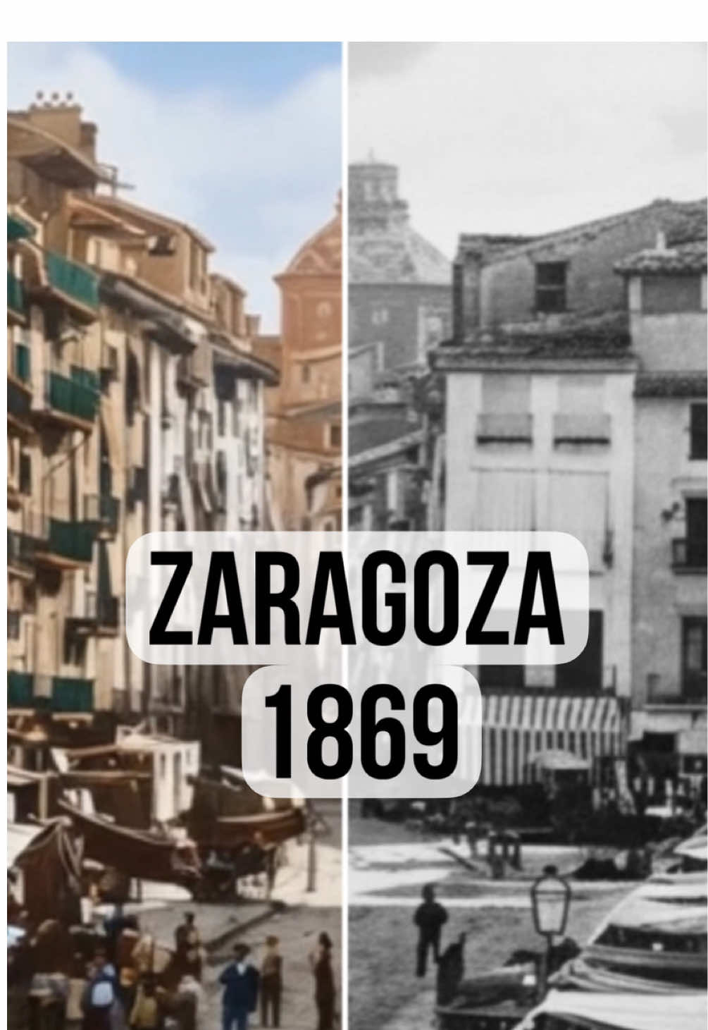 Un instante detenido en la Zaragoza del XIX: tenderetes abiertos al aire, vecinos que se cruzan sin prisa y las calles Cerdán y Escuelas Pías avanzando hasta la cúpula de Santiago el Mayor, que asoma al fondo como un faro urbano. Inspirada en «Saragossa, the Market», la imagen atribuida a Robert Peters Napper y Francis Frith & Co., conservada en el Victoria and Albert Museum, nos deja asomarnos a una ciudad que respiraba mercado, voces y polvo de calle. Una postal viva de 1860-1870. #zaragoza #urbanismo #historia #arquitectura