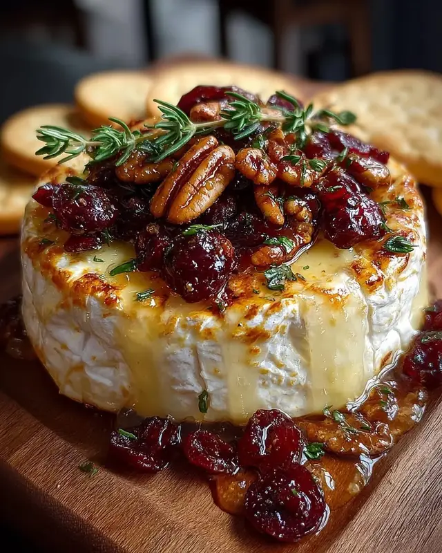 Cranberry Pecan Baked Brie Ingredients: 1 wheel (200 g / 7 oz) Brie cheese 2 tbsp (30 g) unsalted butter ¼ cup (25 g) chopped pecans ¼ cup (30 g) dried cranberries 1 tbsp (15 ml) honey 1 sheet puff pastry (optional, about 250 g / 9 oz) Fresh thyme or rosemary for garnish Crackers or sliced baguette, for serving Directions: Preheat oven to 375°F (190°C). If using puff pastry, roll it out and wrap the Brie wheel, sealing the edges. Place on a parchment-lined baking sheet. If not using pastry, place Brie directly on the baking sheet. In a small skillet, melt butter and toast pecans for 2–3 minutes until fragrant. Stir in cranberries and honey. Spoon the cranberry-pecan mixture over the Brie or pastry-wrapped Brie. Bake for 12–15 minutes, until the Brie is soft and slightly oozing. Garnish with fresh thyme or rosemary and serve warm with crackers or sliced baguette. Sweet, nutty, and creamy, this Cranberry Pecan Baked Brie is a perfect festive appetizer for holidays or cozy gatherings. Prep Time: 10 minutes Cooking Time: 15 minutes Total Time: 25 minutes Kcal: 300 per serving Servings: 6