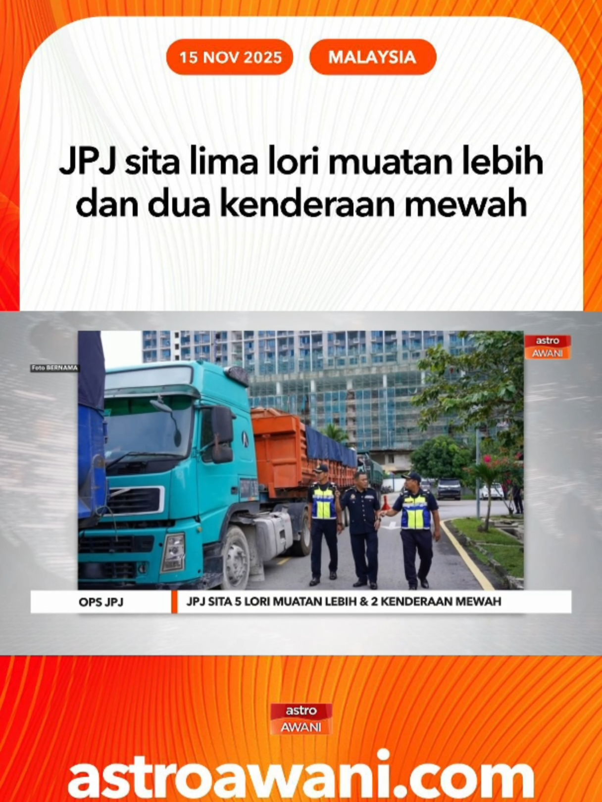 JPJ WPKL sita lima kenderaan perdagangan muatan berlebihan dan dua kereta mewah termasuk Lamborghini dalam operasi khas di Kuala Lumpur. #AWANInews