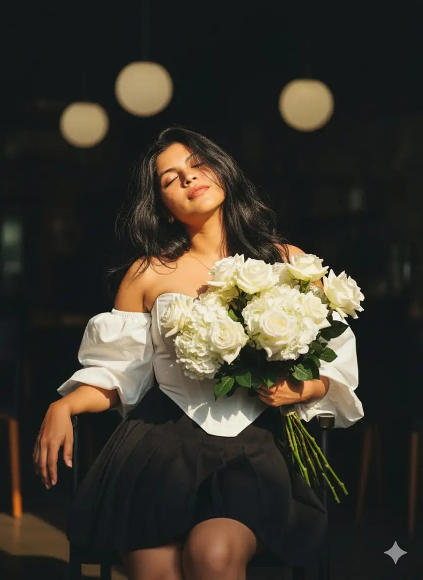 prompt 01-Create a portrait From a 100% reference image, it is a close-up of a movie. A modern young woman is in an art cafe, holding a large bouquet of white flowers. She is sitting with her upper body slightly leaning toward the camera, chin gently resting on her hand, eyes gazing softly forward with a dreamy, cinematic expression. A beautiful woman in a Korean fashion style outfit, a white strapless corset with puff sleeves and a black pleated A-line mini skirt, fits her figure. The natural light is soft yellow. The background is a dark and dim cafe, showing white round light balls and a distinct film grain. She has long black 