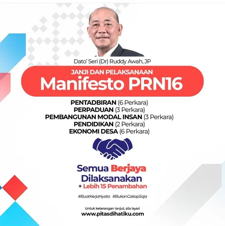 Salam hormat kepada seluruh rakyat N.3 Pitas. Pada PRN16 tahun 2020, saya mengemukakan 20 janji manifesto sebagai asas perkhidmatan saya kepada rakyat.  Selepas satu penggal memikul amanah, saya ingin berkongsi ukuran keberjayaan yang membuktikan bahawa janji tersebut bukan sekadar kata, tetapi telah dilaksanakan dengan nyata dan menyeluruh. Saya susunkan hasilnya berdasarkan lima teras manifesto asal. --- # **1. PENTADBIRAN (6 Janji – 100% Ditunaikan)** Ukuran keberjayaan: – Pejabat ADUN N.3 Pitas diwujudkan dan berfungsi sepenuhnya – 16 kouta JKKK baharu diluluskan – Lantikan Kapitan Cina pertama dan PPM Wanita pertama – Libat urus PDM dilaksanakan setiap tahun – Bantuan rumah ibadat, PIBG dan kebajikan diagih konsisten – Isu tanah 22 kampung (Sawit Kinabalu, AFC, SAFODA) berjaya diselesaikan --- # **2. PERPADUAN (3 Janji – 100% Ditunaikan)** Ukuran keberjayaan: – Rumah Kebudayaan Kimaragang dan Rumah Budaya Pelbagai Suku Kaum dibina – Program perpaduan merentas suku kaum diadakan setiap tahun – Dua van jenazah dan sebuah kenderaan 4x4 disediakan – Festival Tahun Baru Cina mencatat World Book of Records --- # **3. PEMBANGUNAN MODAL INSAN (3 Janji – 100% Ditunaikan)** Ukuran keberjayaan: – Lebih 100 kursus kemahiran dilaksanakan dari 2021 hingga 2025 – Lebih 500 belia menerima lesen motosikal B2 – Kursus CIDB bertauliah dilaksanakan – Pelbagai fasiliti sukan kampung dinaik taraf --- # **4. PENDIDIKAN (2 Janji – 100% Ditunaikan)** Ukuran keberjayaan: – Semua sekolah di N.3 menerima TV Pembelajaran – Yuran PIBG ditanggung setiap tahun – Pelajar SPM dan STPM cemerlang menerima insentif – Program motivasi dan sokongan akademik dilaksanakan melalui PDM --- # **5. EKONOMI DESA (6 Janji – 100% Ditunaikan)** Ukuran keberjayaan: – Pasar malam bulanan diwujudkan – Tamu kampung dibuka di beberapa lokasi – Sepuluh lot gerai sayur Kg Mempakad disiapkan – Pembiayaan TEKUN, AIM dan YUM diperluaskan – Bantuan padi RM263,030 diagihkan kepada pesawah – Bantuan nelayan, petani dan penternak dilaksanakan setiap tahun --- # **RUMUSAN KESELURUHAN** Kesemua 20 janji Manifesto PRN16 telah berjaya ditunaikan sepenuhnya. Pencapaian ini disokong oleh 55 pelaksanaan sebenar, termasuk lebih 17 pembangunan tambahan yang tidak dijanjikan tetapi berjaya direalisasikan. Antaranya: – Bank Agrobank pertama di Pitas – Balai Bomba Pitas – Loji Rawatan Air Ke-2 – 18 pencawang telekomunikasi – Lebih 1,000 tiang elektrik luar bandar – 120 unit Rumah Mesra Rakyat SMJ – Projek Perumahan dan Komersial Kg Taka – Pembangunan Bandar Baharu Pitas – Jalan Salimpodon–Mantus Fasa 1 dan 2 – Benteng ombak Amor Rock di pesisir pantai Kesemua pencapaian ini adalah hasil kerjasama pemimpin kampung, agensi kerajaan dan masyarakat Pitas yang sentiasa memberikan sokongan. Selagi diberi kepercayaan, saya akan terus bekerja dengan tanggungjawab, disiplin dan keikhlasan demi kemajuan Pitas. Ruddy Awah Kerja Nyata, Bukan Cakap Sahaja Pitas Kita Punya Undilah Ruddy Awah --- #RuddyAwah #BuatKerjaNyata #BukanCakapSaja #UndilahRuddyAwah #PitasDihatiku