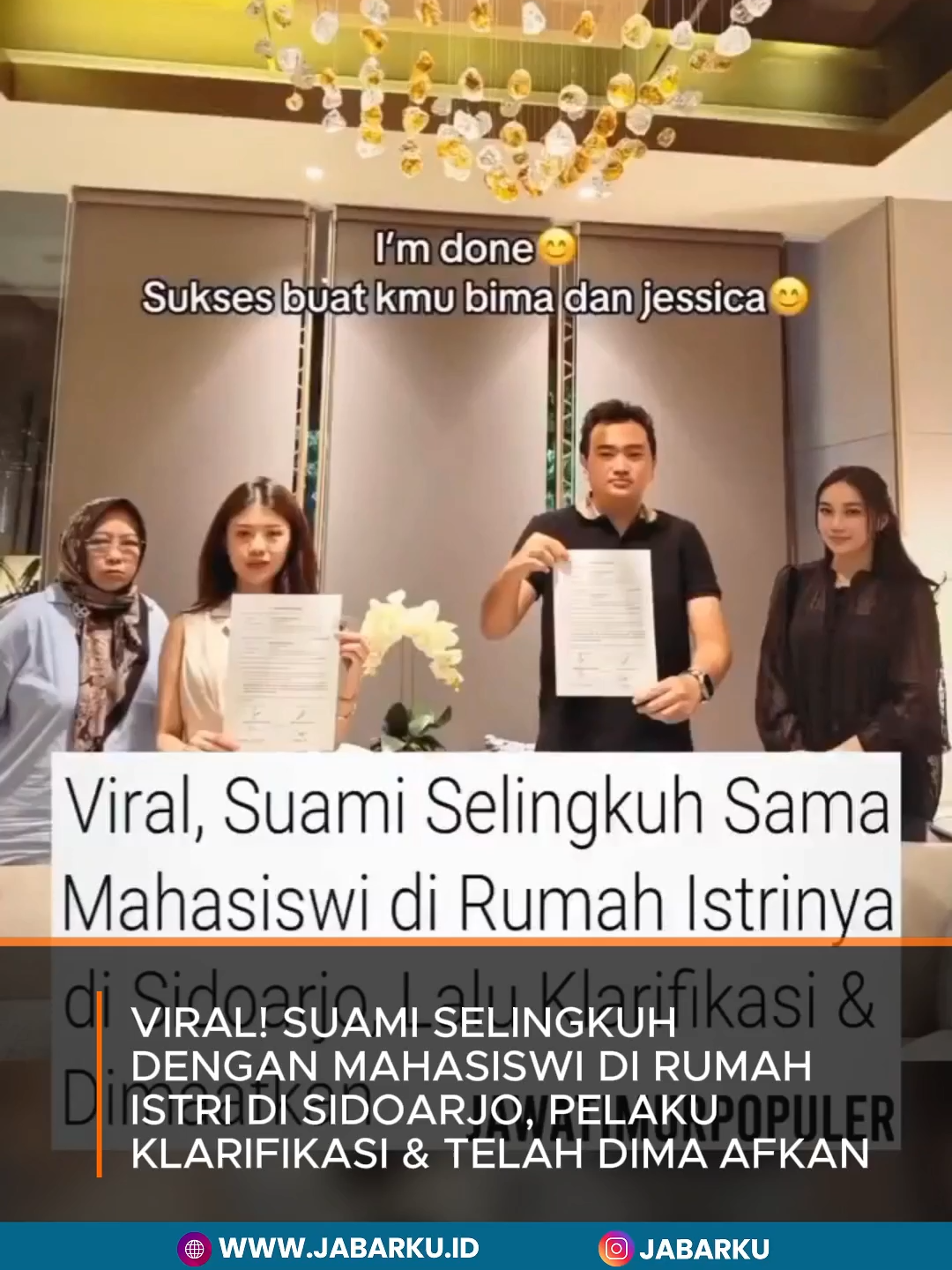 Media sosial dihebohkan dengan video pengakuan seorang mahasiswi bernama Jessica, yang diduga berasal dari Mojokerto dan berstatus mahasiswi Unair Surabaya sekaligus bekerja sebagai LC. Dalam video tersebut, Jessica mengakui bahwa dirinya menjalin hubungan gelap dengan Bima, suami dari Nonik, sejak tahun 2024 hingga 2025. Kasus ini semakin viral karena hubungan terlarang itu disebut berlangsung di rumah istri sah di wilayah Sidoarjo. Namun dalam video klarifikasi lain yang beredar, Jessica menyampaikan permintaan maaf kepada Nonik dan keluarga. Disebutkan bahwa permintaan maaf tersebut diterima, dan kasus ini selesai secara kekeluargaan.