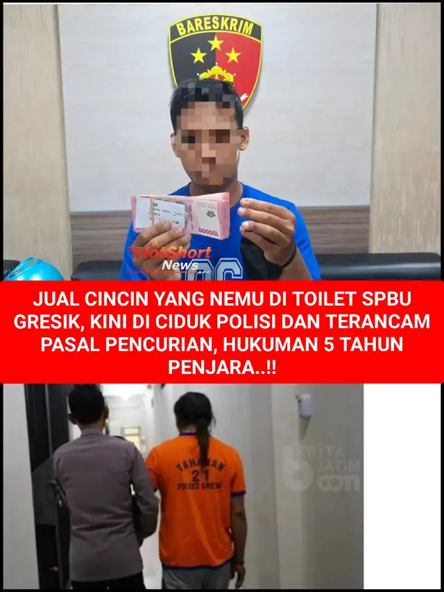 TIDAK SENGAJA NEMU CINCIN DI TOILET, KINI DI CIDUK POLISI..‼️ GRESIK - Seorang pria asal Desa Prambangan, Kecamatan Kebomas, Gresik, diringkus Unit Resmob Satreskrim Polres Gresik setelah mengambil dan menjual dua cincin emas yang tertinggal di toilet SPBU Desa Suci, Kecamatan Manyar. Pelaku bernama Sugiono (31). Ia mengambil dua cincin milik Naila Alfi Syarifah (23), warga Desa Setrohadi, Kecamatan Duduksampeyan, yang tak sengaja tertinggal saat korban menggunakan toilet SPBU. Kanit Resmob Satreskrim Polres Gresik, Ipda Andi Muh Asyraf Gunawan, menjelaskan bahwa kejadian tersebut berlangsung pada 29 Oktober 2025. Saat itu korban terburu-buru dan tidak menyadari dirinya masuk ke toilet laki-laki. “Korban tidak melihat tanda petunjuk. Saat di dalam, korban melepas cincinnya dan meletakkan di tempat sabun,” ungkap Ipda Andi “Korban sudah keluar area SPBU sekitar 30 meter. Setelah ingat, korban langsung kembali,” tambahnya. Namun kurang dari lima menit, dua cincin tersebut sudah hilang. Dalam waktu singkat itu, Sugiono kebetulan masuk ke toilet yang sama. “Pelaku mengambil cincin korban dan bergegas pergi,” jelasnya. Mengira menemukan rezeki dadakan, Sugiono lantas menjual salah satu cincin emas yang beratnya 4,4 gram. Ia mendapatkan uang Rp 5,6 juta. Sementara satu cincin lainnya belum sempat dijual. Hasil penyelidikan polisi kemudian mengarah pada Sugiono. Ia ditangkap di rumahnya di kawasan Jalan Mayjend Sungkono, Gresik. Atas perbuatannya, Sugiono dijerat Pasal 362 KUHP tentang pencurian, dengan ancaman hukuman maksimal lima tahun penjara. Pelaku mengaku perbuatannya dilakukan karena kebutuhan ekonomi. “Motifnya untuk kebutuhan hidup sehari-hari,” ucap Sugiono, yang diketahui tidak memiliki pekerjaan. #gresik #news #jatim #pencuri #cincin 