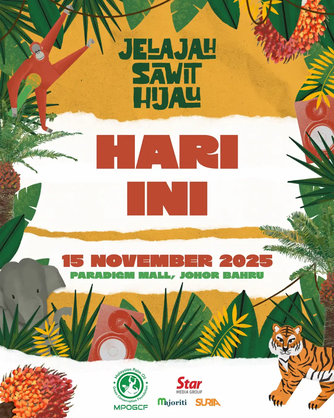 Orang Johor Bahru! Buat apa harini?! Takkan duduk rumah je ekkk. Meh ler singgah Paradigm Mall, JB ✨ Ada aktiviti menarik untuk seisi keluarga, boleh jumpa penyampai SURIA — Ajak, Kai Hassan & Irsyad, dan paling best, persembahan daripada artis tanah air yang mantap! 🎤🔥 📅 Jangan lepaskan peluang — jom meriahkan #JelajahSawitHijau bersama kami! 🧡✨ #suriamalaysia #SuriaMuzikdanJiwa #JelajahSawitHijauMPOGCF