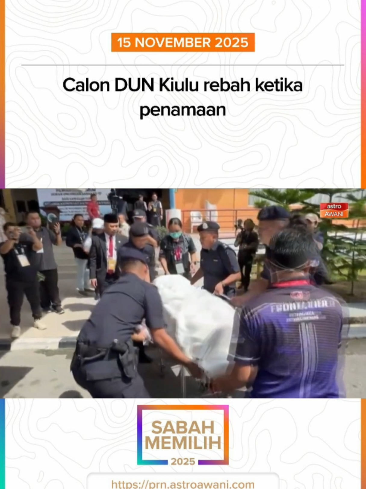 Calon Parti Kebangsaan Sabah bagi DUN Kiulu, Dusi Gingging, rebah semasa proses penamaan calon dan dikejarkan ke Hospital Tuaran untuk pemeriksaan lanjut. Keadaan beliau belum disahkan. DUN Kiulu menyaksikan saingan lapan penjuru pada PRN Sabah ke-17. #AWANInews