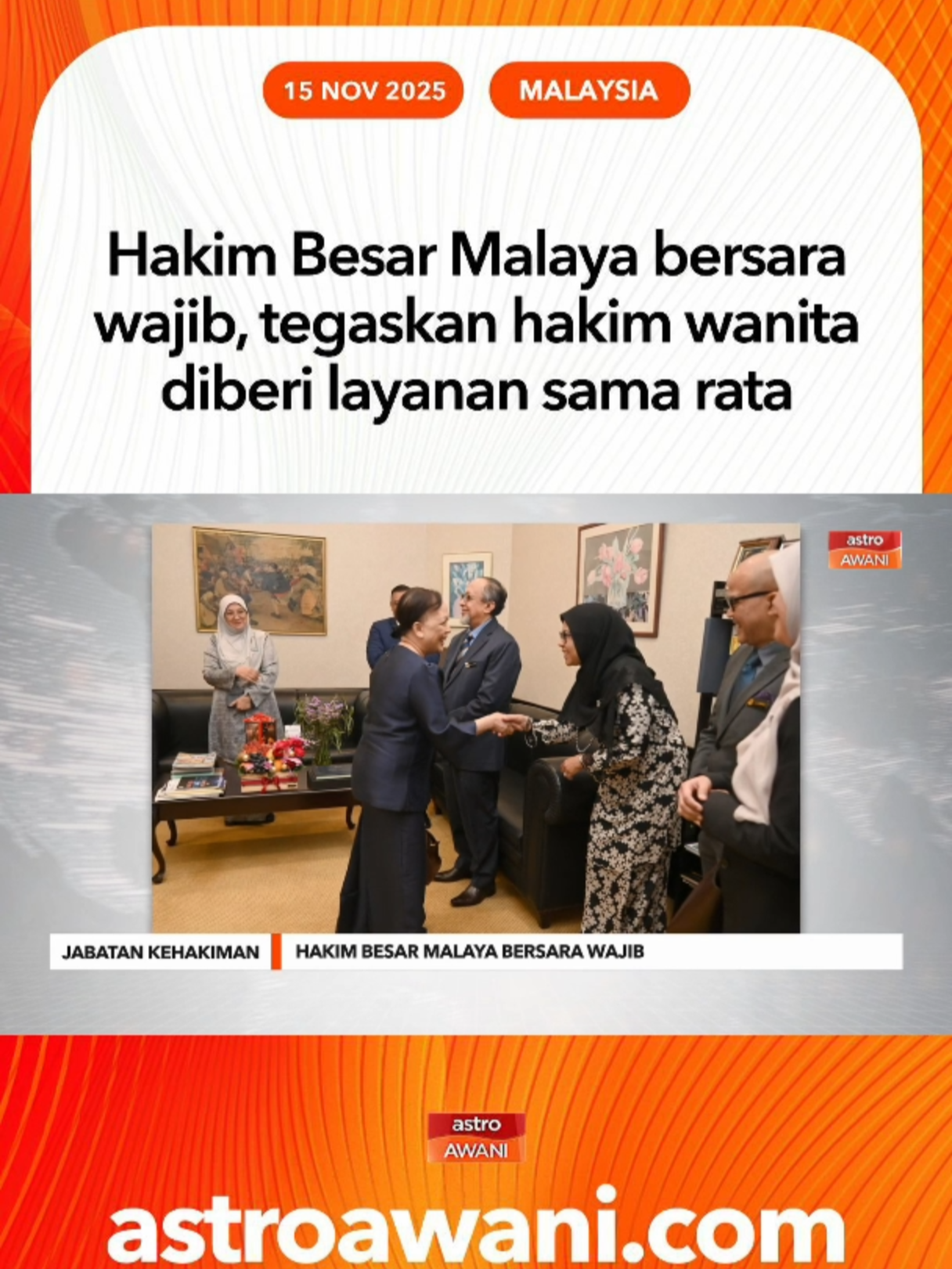 Hakim Besar Malaya, Tan Sri Hasnah Hashim menegaskan hakim wanita tidak diberi layanan istimewa, sebaliknya dinilai berdasarkan prestasi, integriti dan kerja keras. Beliau bersara wajib selepas 15 tahun berkhidmat dan berharap dapat terus menyumbang kepada badan kehakiman. #AWANInews