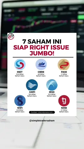 7 Saham Siap Gelar Right Issue Jumbo! Beberapa emiten ini akan menerbitkan saham baru dalam jumlah besar. Right issue biasanya dilakukan untuk penguatan modal, ekspansi, hingga perbaikan struktur keuangan. #saham #tradingsaham #investasisaham #belajarsaham #ihsg 