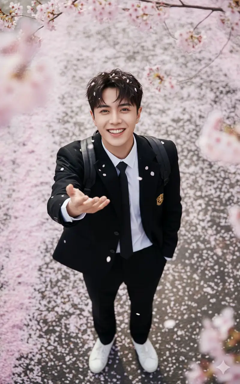 Prompt 📷🌸 Keep the facial features from the uploaded image. A super sharp 8K high-angle full-body portrait of a young Asian male student. He is looking directly at the camera with a bright, playful smile. One hand is gently extended slightly into the foreground, palm open, as if catching or welcoming a falling cherry blossom petal. A few petals could be seen delicately falling towards his hand or face. He is dressed in a neat school uniform: white shirt, black tie, black jacket, black trousers and clean white sneakers. A black backpack is clearly visible on his back. Foreground: Pale pink cherry blossom branches with soft flowers surround the top and sides of the photo, creating a beautiful, dreamy bokeh effect. Background: The ground below him is a dark grey asphalt or tiled road, completely covered by a thick carpet of falling pink cherry blossom petals, creating a beautiful and romantic backdrop. Lighting: Bright, soft, diffused natural sunlight illuminates the scene, creating soft shadows and highlighting the vibrant pinks and fresh greens. Color & Tone: Highlights the soft pinks of the flowers, the fresh greens (if there are leaves in the distance), and the crisp whites/blacks of the uniforms. The overall tone is bright, dreamy, romantic, youthful, and cheerful, evoking a beautiful spring day. Shooting Style: Cherry Blossom Aesthetic, School Life Photography, Dreamy, Poetic. Camera & Composition: Full body shot from a very high angle (overhead perspective), looking down at the subject. Sharp focus on the student's face, with a beautiful, soft bokeh effect on the cherry blossom branches and falling petals in the foreground/background. #promptaidep #prompt #gemini 