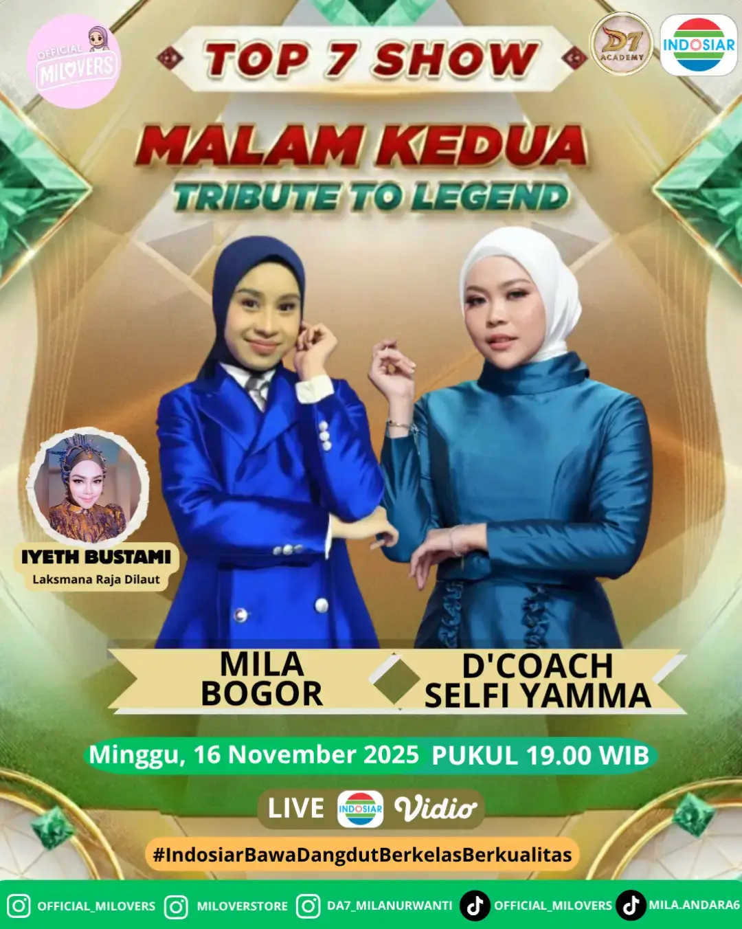 Saksikan penampilan MILA - BOGOR (@DA7 MILA) di TOP 7 SHOW MALAM KEDUA - Tribute to Legend yang akan menyanyikan lagu 