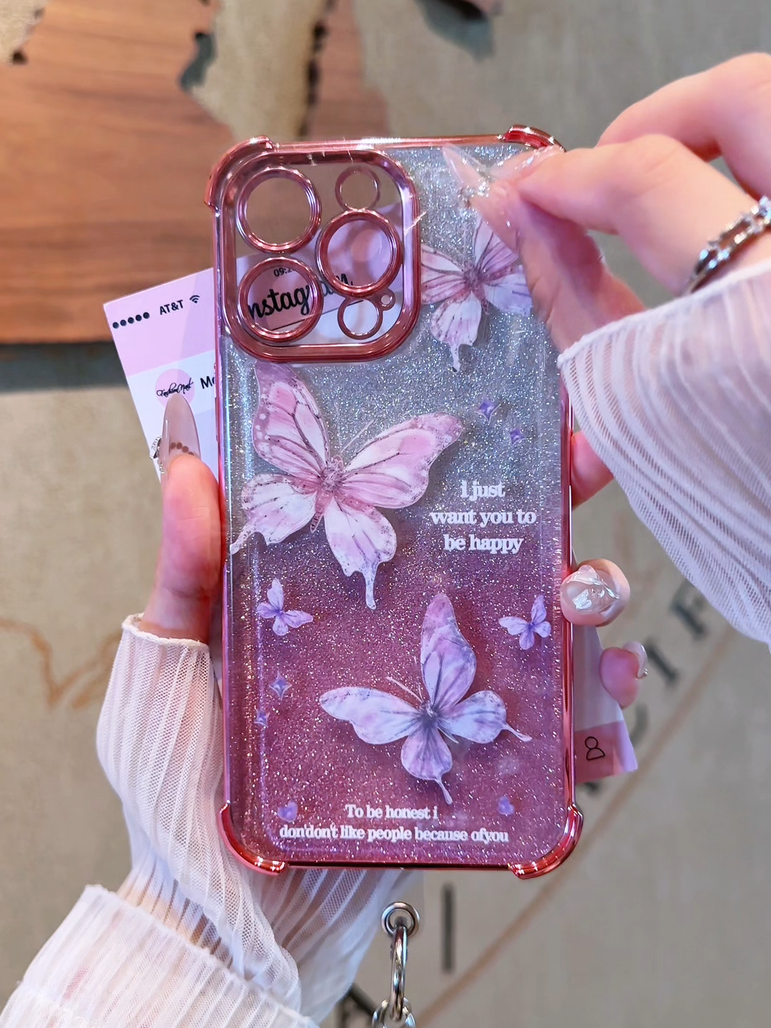 Case HP khusus untuk iPhone/OPPO/VIVO/Redmi/Samsung/Infinix/Realme,Motif kupu-kupu fantasi biru pastel - Bingkai Chrome Pink,Pelindung Sudut Ekstra + Full Cover Anti Jatuh untuk Wanita