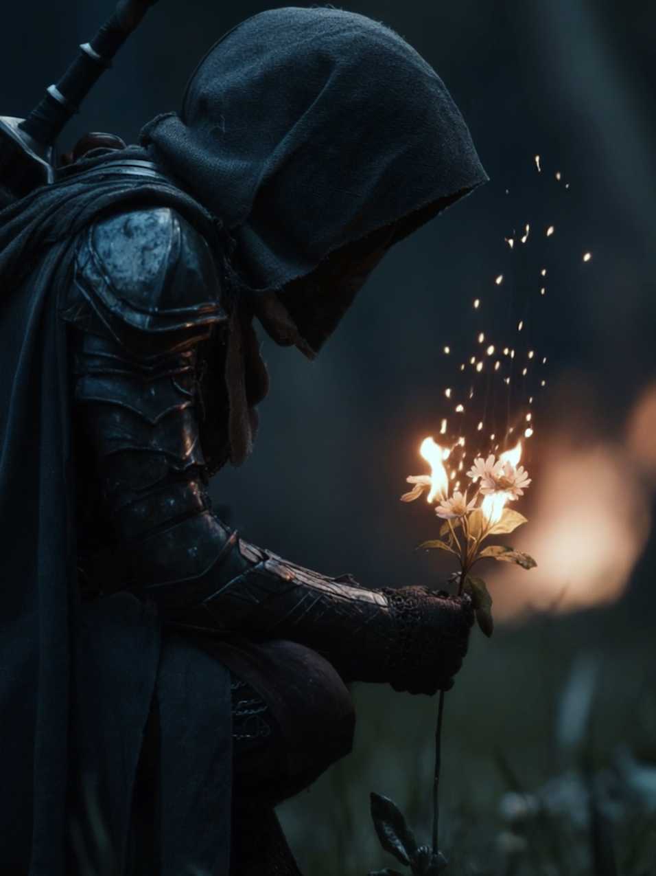 He is a knight whose touch consumes all, leaving only ashes where life once thrived 🔥🌹 Wallpaper. Live wallpaper. Warrior. Knight. Fantasy wallpaper. Fantasy story. Fantasy Character. #wallpaper #livewallpaper #fantasy #midjourney #warrior 