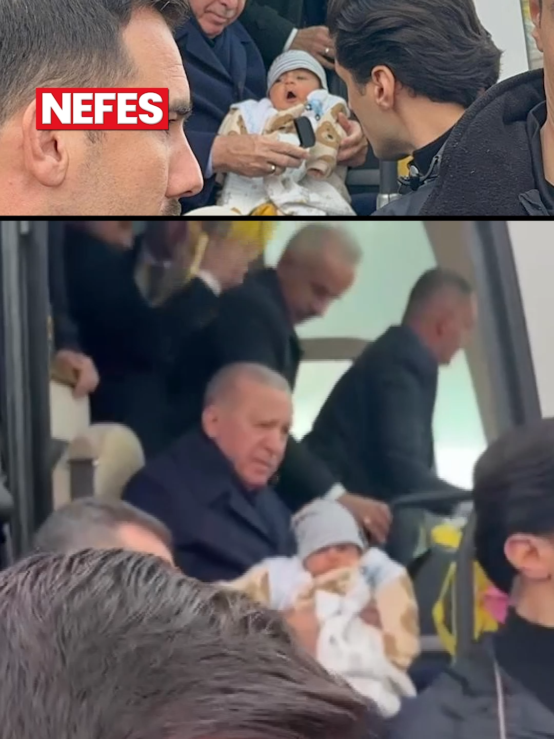 Cumhurbaşkanı Erdoğan bebeğe altın taktı!  Adıyaman’da düzenlenecek olan 350 bininci deprem konutun anahtar teslimi için Adıyaman’da bulunan Cumhurbaşkanı Recep Tayyip Erdoğan yolda ailesinin kucağında gördüğü 4 aylık bebeği kucağına alarak sevdi. Cumhurbaşkanı Erdoğan, 4 aylık Muhammet Fatih Karanfil bebeğe altın taktı.