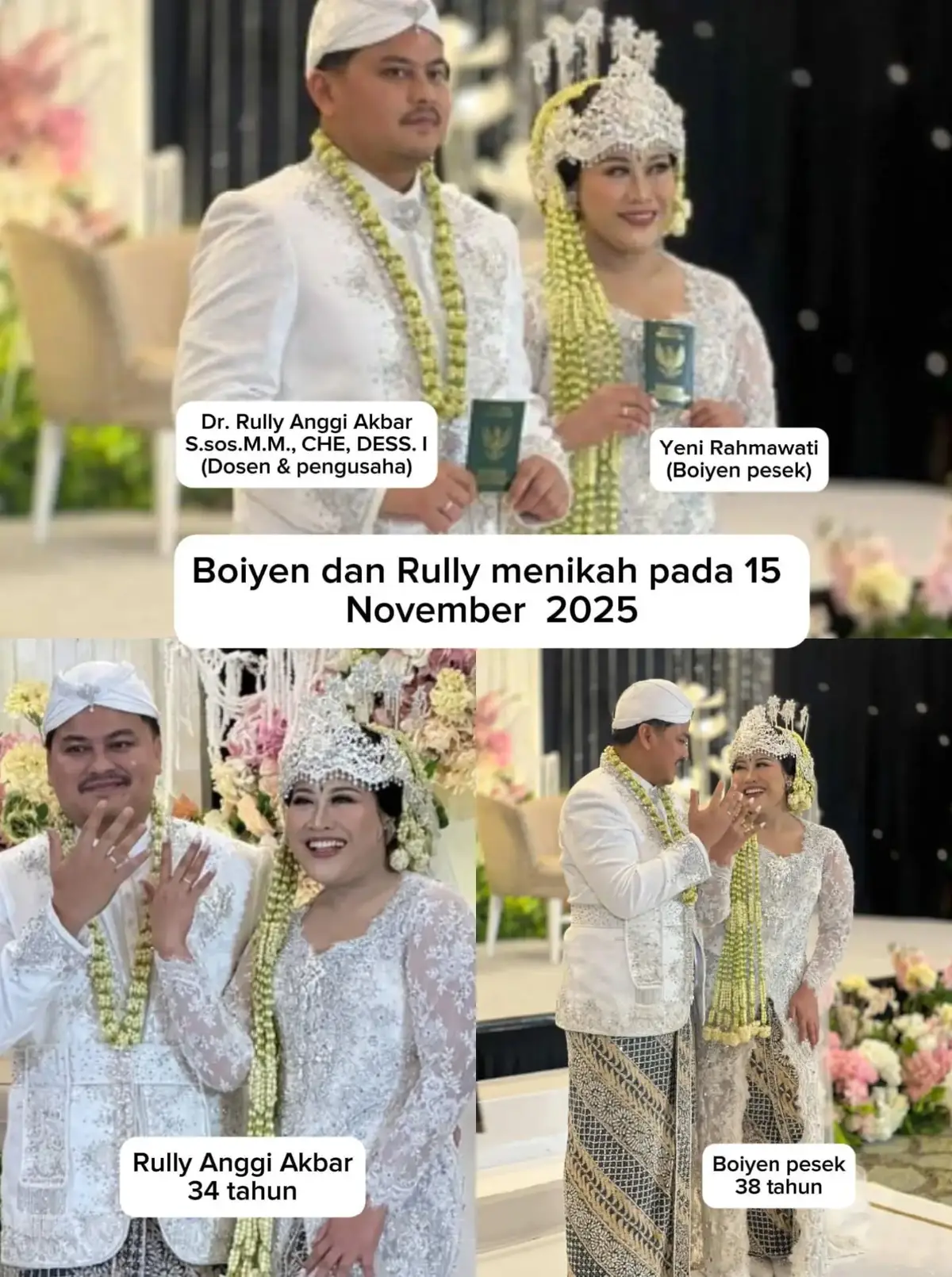 Alhamdulillah Sah, Hari Ini, 15 Nopember 2025 Boiyen Menikah❤️ Boiyen Menikah di usia 38 tahun.  Suami Boiyen, Rully Anggi Akbar saat ini berusia 34 tahun.  Boiyen (Yeni Rahmawati) resmi menikah dengan Rully Anggi Akbar (juga dikenal sebagai Ezel) pada hari ini, Sabtu, 15 November 2025.  Pernikahan tersebut dilangsungkan dalam acara akad nikah di Indonesia Convention Exhibition (ICE BSD), Tangerang Selatan. Sebelumnya, momen foto pre-wedding mereka yang kocak dan romantis di Yogyakarta juga sempat menarik perhatian publik.  Boiyen dipersunting dengan mas kawin berupa 15 gram emas dan uang tunai senilai Rp110.002.025.   Suami Boiyen bernama lengkap Dr. Rully Anggi Akbar, S.Sos., M.M., CHE, DESS. Ia bukan dari kalangan artis dan dikenal memiliki latar belakang pendidikan serta karier yang mentereng di bidang akademik dan bisnis.  Banyak temen artis Boiyen yang hadir di acara pernikahannya 