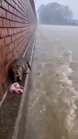 sangat sigap menyelamatkan anaknya yang hanyut #PecintaHewan #Kucing #KucingKurus 