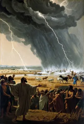 Moïse prévient les Egyptiens qu’un torrent de grêle va s’abattre sur eux mais qu’un toit pourra les protéger. Certains, qui ne prennent pas l’avertissement au sérieux, voit serviteurs et bêtes mourir dans la tempête de grêle. Les récoltes qui ont survécu aux fléaux précédents sont détruites. 