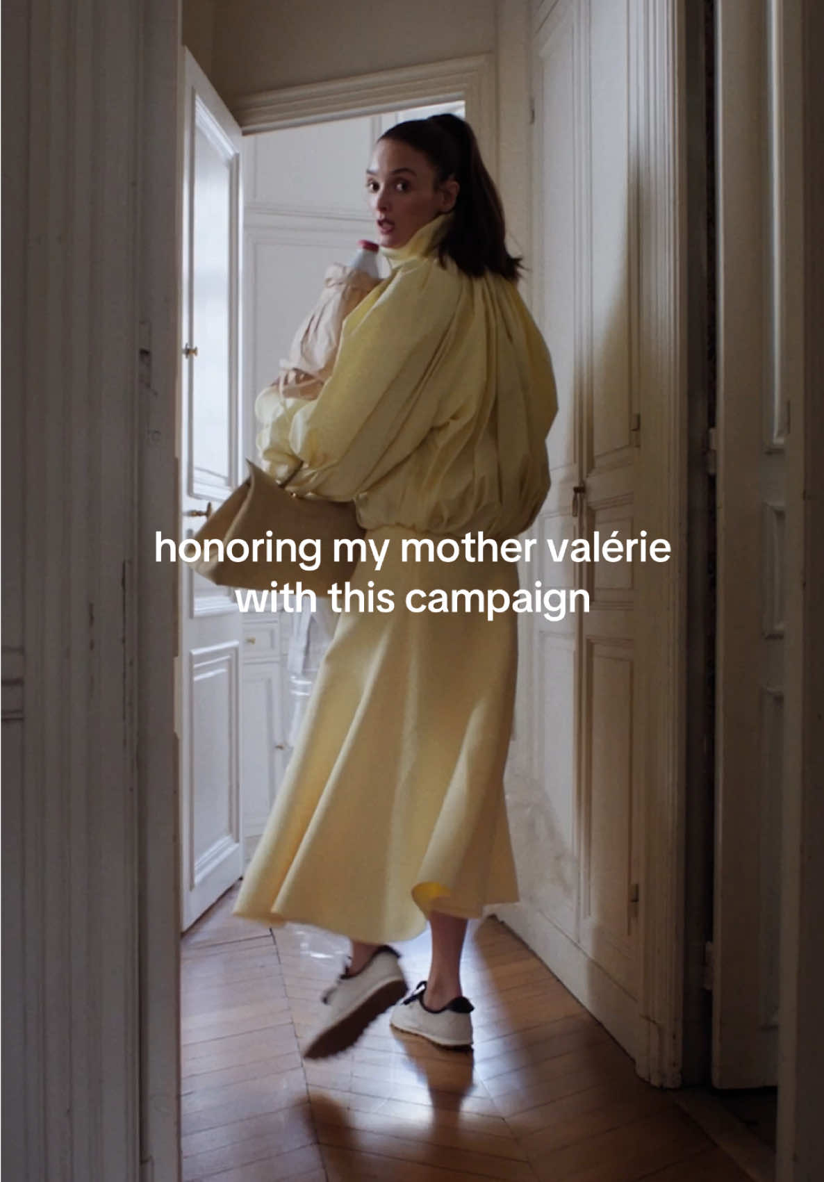 Guys, im very moved to introduce my new bag, named after my mother, Valérie. In this first campaign, a reflection of her spirit, always with a touch of humor and poetry. « Le Valérie » with Charlotte Le Bon Now available on jacquemus.com #Jacquemus #Motherhood #Nostalgia 