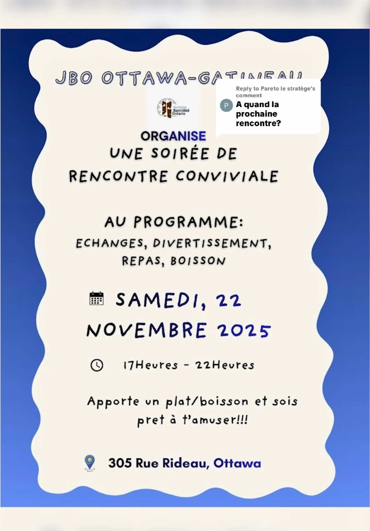 Replying to @Pareto le stratège Que tu sois Bamiléké, Camerounais, Africain ou juste fan de good vibes — tu es invité! 🙌 Rencontres, jeux, rires, repas, musique… tout ce qu’on aime 🔥 📅 Samedi 22 Novembre | 17h – 22h 📍 305 Rue Rideau, Ottawa ✨ Bring a plate or a drink & let’s make memories together. #foryoupage #camerountiktok🇨🇲 #ottawa #potluck #fyppppppppppppppppppppppp 
