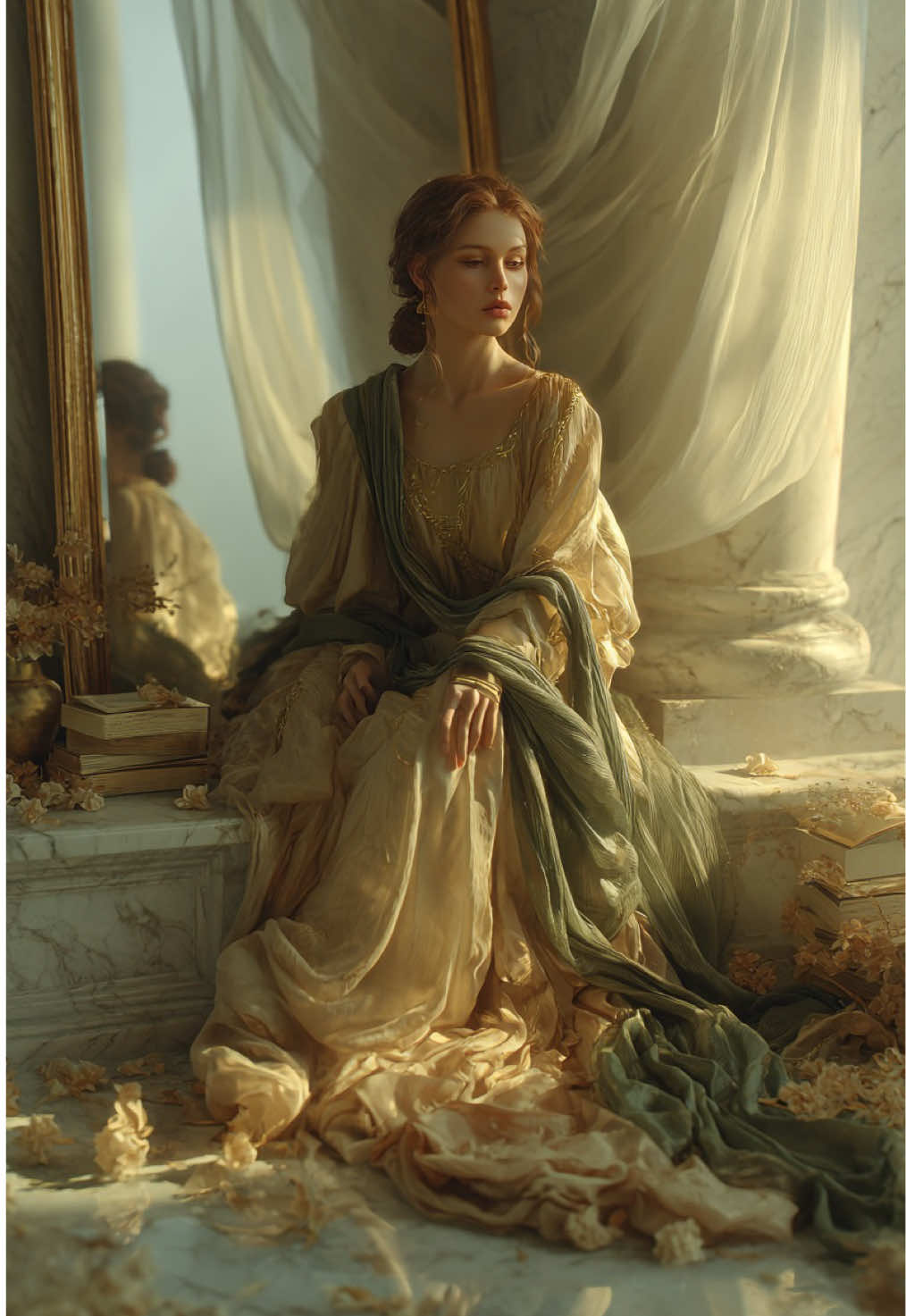 Mnémosyne 📚🪶 Déesse de la mémoire et mère des Muses, fille du Ciel (Ouranos) et de la Terre (Gaïa). Le mythe raconte que Zeus, épris de Mnémosyne, s’unit à elle pendant neuf nuits consécutives. De cette union naquirent les neuf Muses, les déesses des arts et des sciences, chacune inspirant un domaine particulier de la création.  #aifantasy #landscape #fantasyworld #mythology #easthetic 