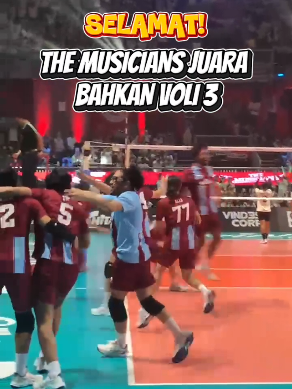 Momen kemenangan The Musicians keluar sebagai pemenang Bahkan Voli 3. Congrats yaa🎉 The Musicians mengalahkan The Actors dengan poin akhir 3–1. Adapun The Musicians terdiri dari Ariel Noah (Kapten), Duta Modjo, Kunto Aji, Marcello Tahitoe, Nyoman Paul, Sal Priadi, Rizky Febian, Oslo Ibrahim, Rekti Yoewono dan Teddy Adhitya. #BahkanVoli3 #theactors #themusicians #VINDES #VindesSport 