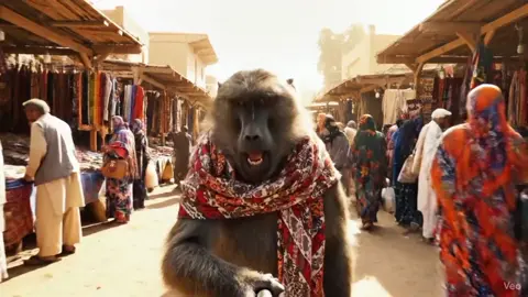 قرد بابون لابس وشاح ملون ماشي في سوق ترابي نهاراً، ماسك الكاميرا كأنه فلوق، ويقول بنبرة فكاهية وجادة في نفس الوقت: 