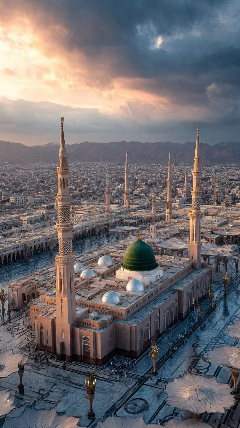 Medina Munawara madinah munawra Madinah, the City of the Prophet, shines bright A beacon of faith, where Islam's history takes flight The Masjid an-Nabawi, a mosque of grandeur and might Where the Prophet Muhammad's tomb is a sacred sight The city's streets are lined with date palms, green and tall A tranquil oasis, where faith and peace enthrall Madinah's rich history and heritage are palpable and real Madinah's rich history and heritage are palpable and real A place where Muslims from all over the world come to feel The city's warm hospitality and welcoming smile Make it a place of pilgrimage, worth traveling a long while #plztiktokdontunderreviewmyvideo #foryoupage #fyp #unfrezzmyaccount 