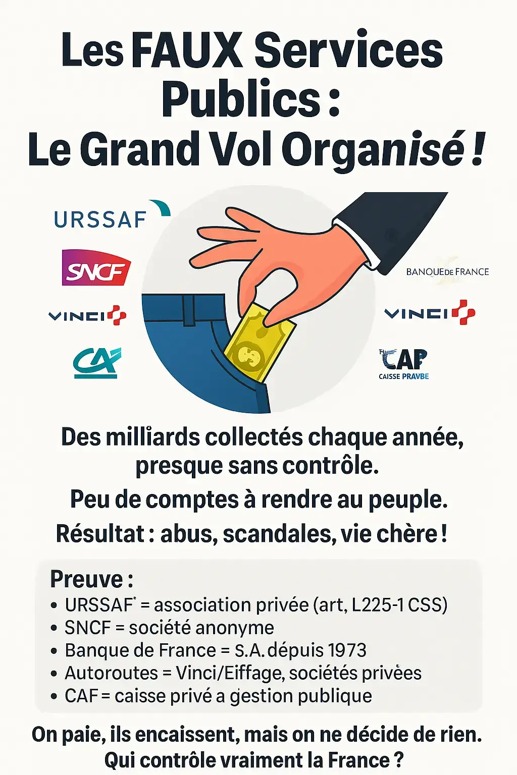 🔎 Tu penses que l’URSSAF protège tes droits ? Tu crois que c’est vraiment un organisme de l’État pour t’aider ? ➡️ Regarde la vérité cachée et partage pour réveiller tout le monde ! ⚠️ L’URSSAF n’est PAS une administration d’État officielle. C’est une association loi 1901 privée, voir le JO du 20 février 1947 + le RCS (registre du commerce) de l’URSSAF (regarde le SIREN sur societe.com). 📜 Pas de numéro d’agrément d’État (preuve ici : tape “URSSAF agrément” et constate toi-même). 🚫 La Cour de Cassation a déjà jugé dans l’arrêt 2017/2018 que l’URSSAF agit sans mandat de représentation de l’État sur certains dossiers (source : legifrance.gouv.fr). 📉 Scandale : 80% des contrôles et redressements sont abusifs ou annulés en justice ! (source : rapport de la Cour des comptes 2019, page 214). 😤 Des milliers d’entrepreneurs et indépendants ruinés à cause de leur zèle, alors qu’ils n’ont aucun statut judiciaire réel pour “saisir” sans jugement (voir témoignages sur “Collectif Les Victimes de l’URSSAF”). 💰 Ils récoltent plus de 500 milliards d’euros/an, sans transparence, alors que les vraies aides sociales n’atteignent pas tous ceux qui cotisent. CAF & Sécurité Sociale : Statut hybride, beaucoup de “caisse privées” gèrent l’argent public sans transparence complète. Enquête Mediapart & Canard Enchaîné : détournements, fausses prestations, et centaines de millions d’€ “perdus” chaque année. Plainte déposée pour fraude sur le RSI/Sécu (source : Les Echos, 2022). 💸 IMPÔTS (DGFIP) : Systèmes informatiques externalisés (voir rapport Sénat 2021). Plusieurs “opérateurs” privés sous-traitent la gestion de l’argent public ! Contrôles fiscaux annulés ou jugés abusifs (voir UFC Que Choisir, 2022). 🚨 Ce qu’on ne te dit pas : La majorité des organismes sont sous-traités, certains SIREN sont déposés comme de simples entreprises privées. Leurs “contrôles” sont parfois illégaux ou abusifs, annulés en justice (preuves sur Legifrance et jurisprudence récente). Pour vérifier toi-même : Legifrance.gouv.fr (tape le nom de chaque organisme) societe.com (rentre le SIREN/numéro de chaque caisse) Rapport Cour des Comptes 2019 et 2021 (disponible en PDF) Les Echos, Canard Enchaîné, Mediapart (enquête sur Secu et impôts) UFC Que Choisir (rapport sur les abus fiscaux) JO du 20/02/1947 legifrance.gouv.fr (tape “URSSAF” dans les arrêts) societe.com (cherche URSSAF SIREN 130 025 265) Rapport Cour des comptes 2019 Témoignages “Victimes de l’URSSAF” (groupes Facebook, Google) Si tu veux la vérité, partage ! 🚨🗣️ #urssaf  #scandale  #etat  #mensonge  #fyp 