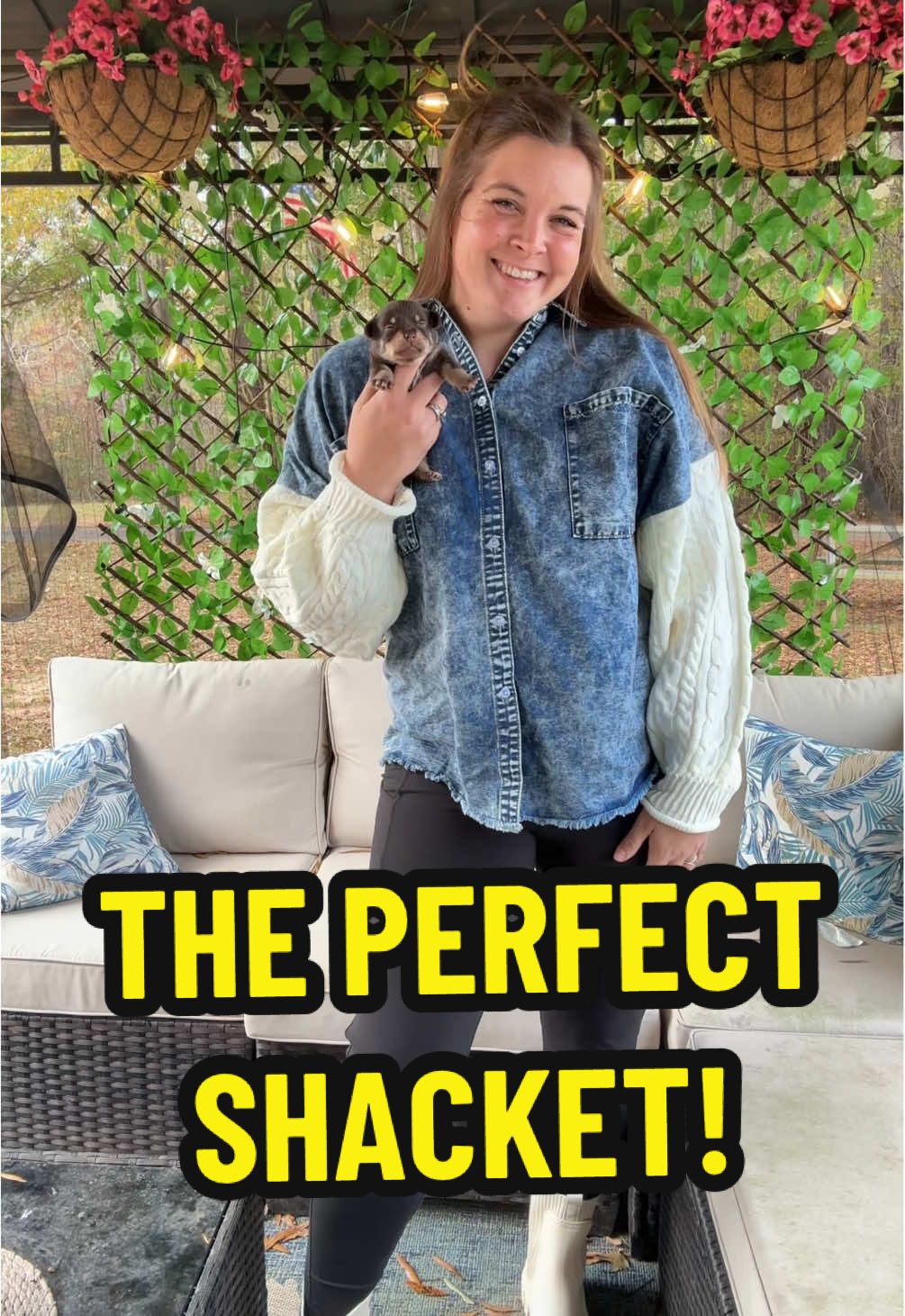 Loving this Shacket with Sweater Sleeves! So perfect for the transition into winter! Good booty coverage! I sized up to an XL! #jaimebaileyratesit #puppiesoftiktok #shacket #style 